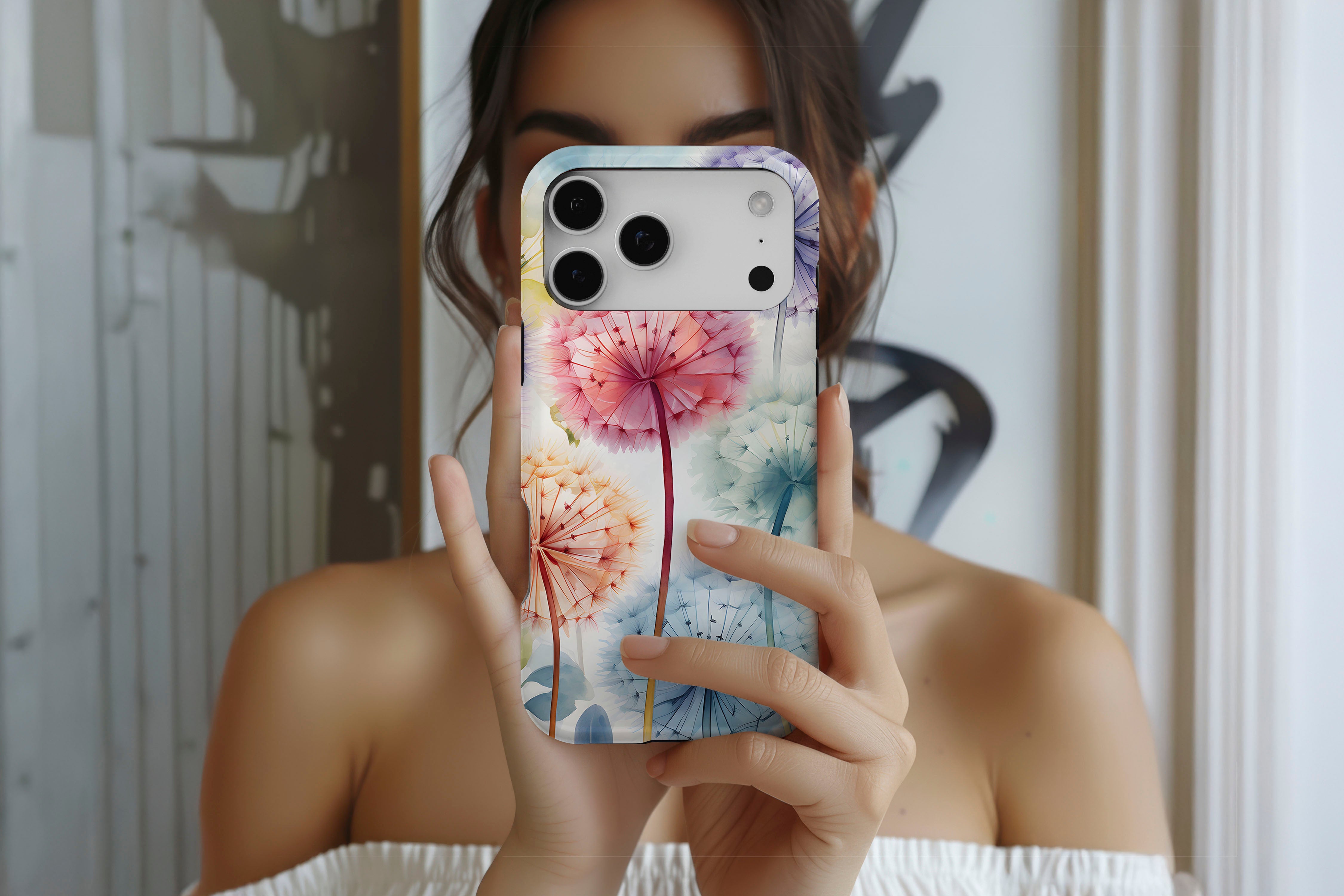 Lifestyle image of Dandelion dream magnetic tough case showing  floral design 