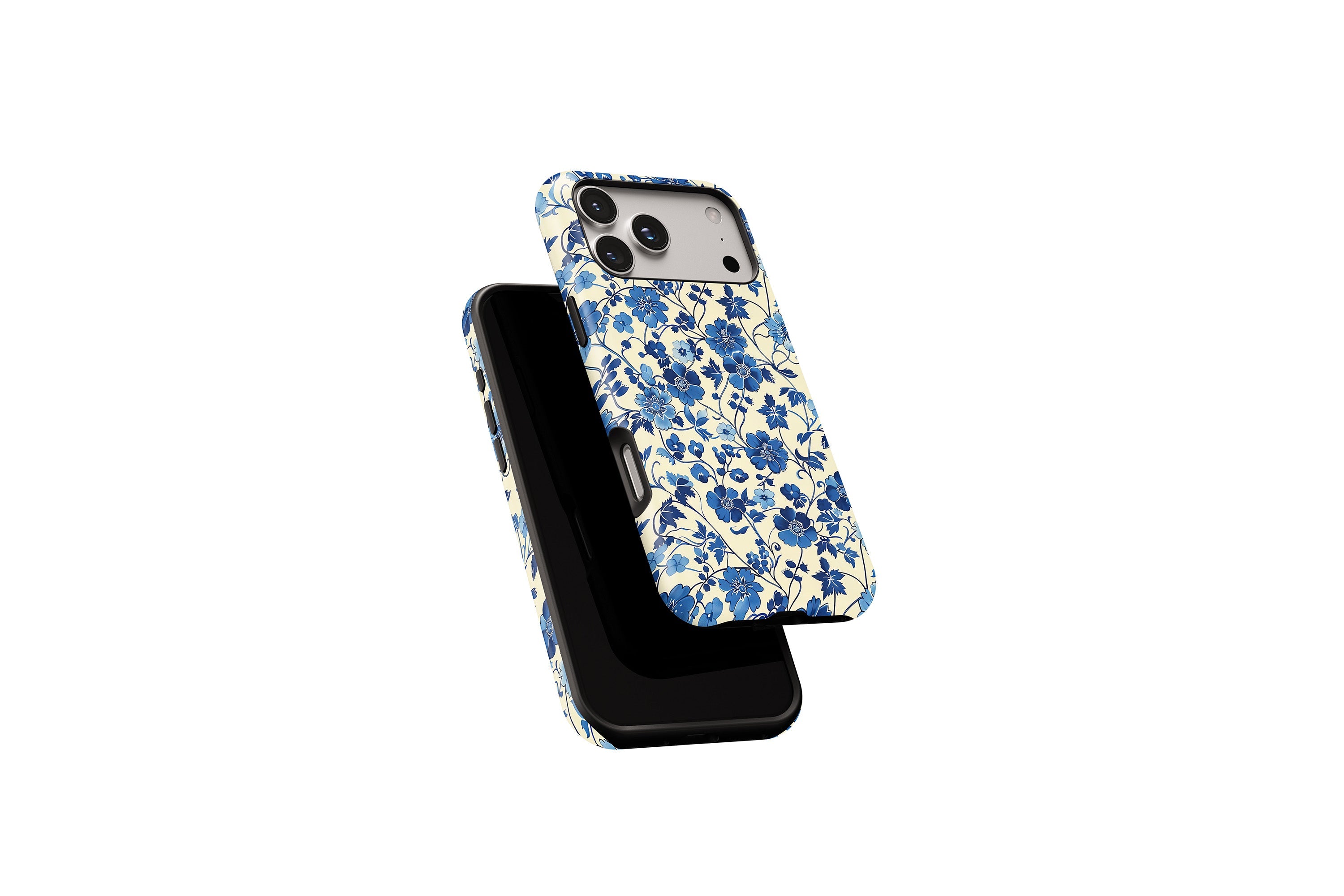 Side view of Floral Blues phone case showing button cut-outs