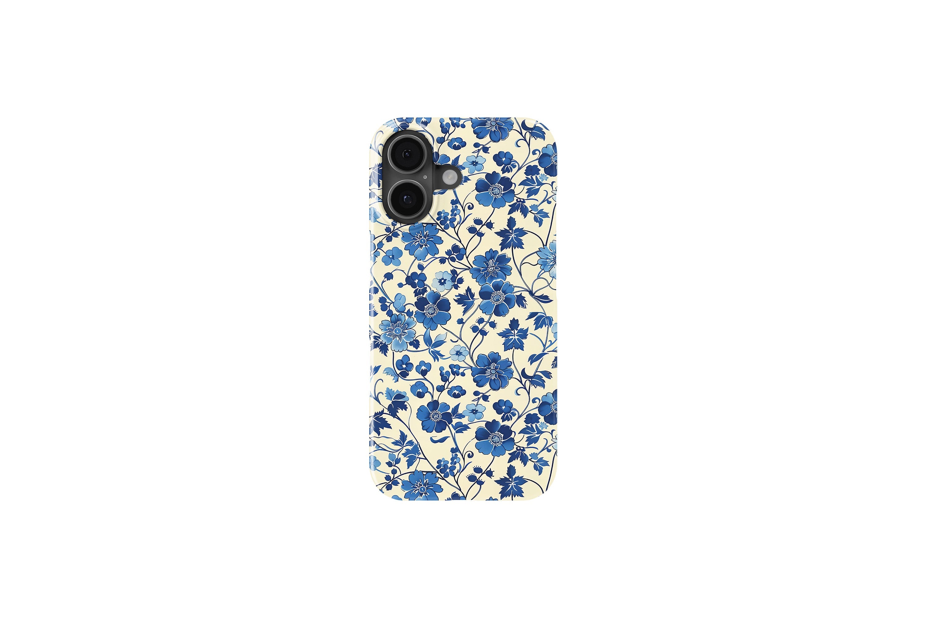 Front view of Floral Blues case showing blue floral print design