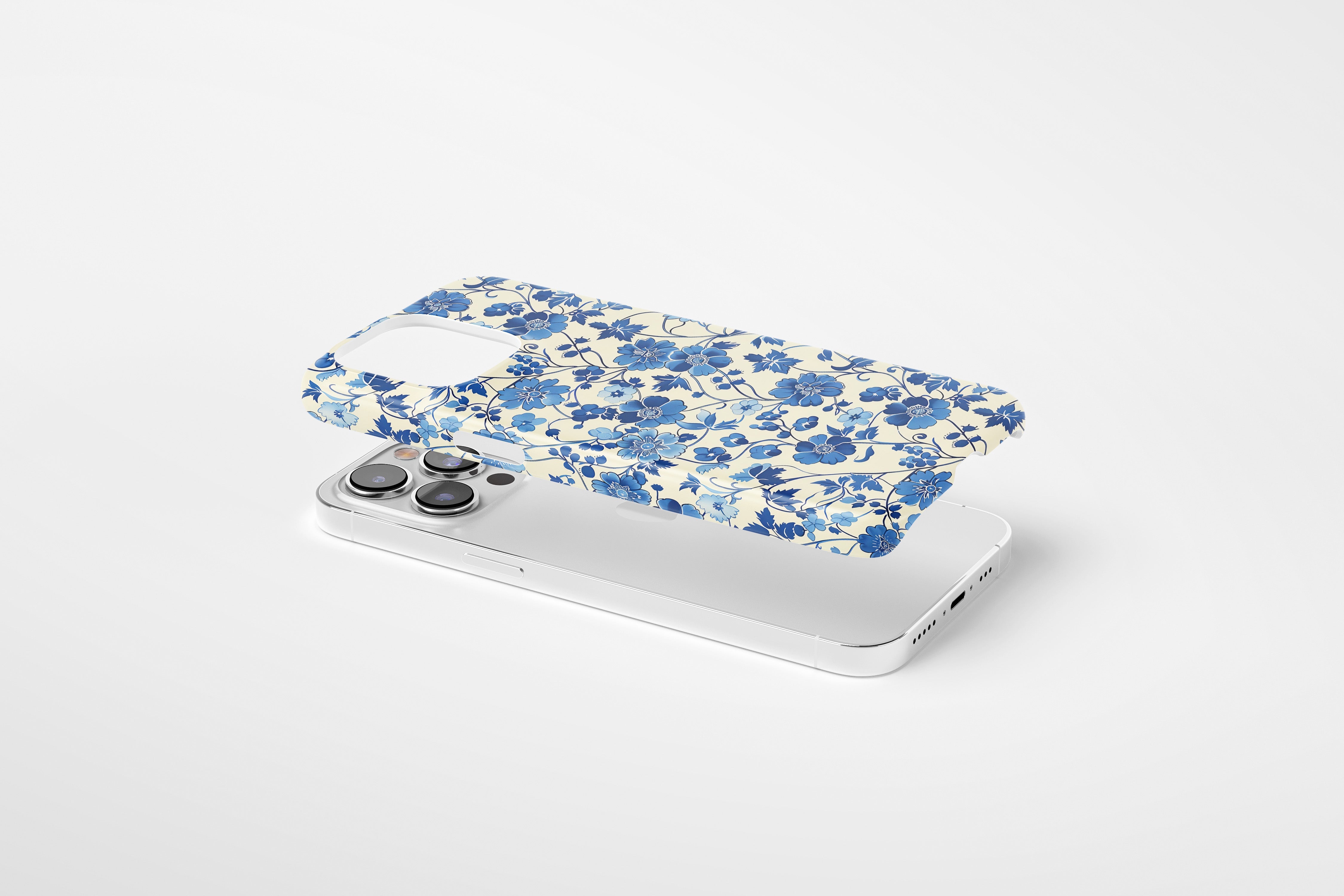 Side view of Floral Blues case showing  an example of slim case