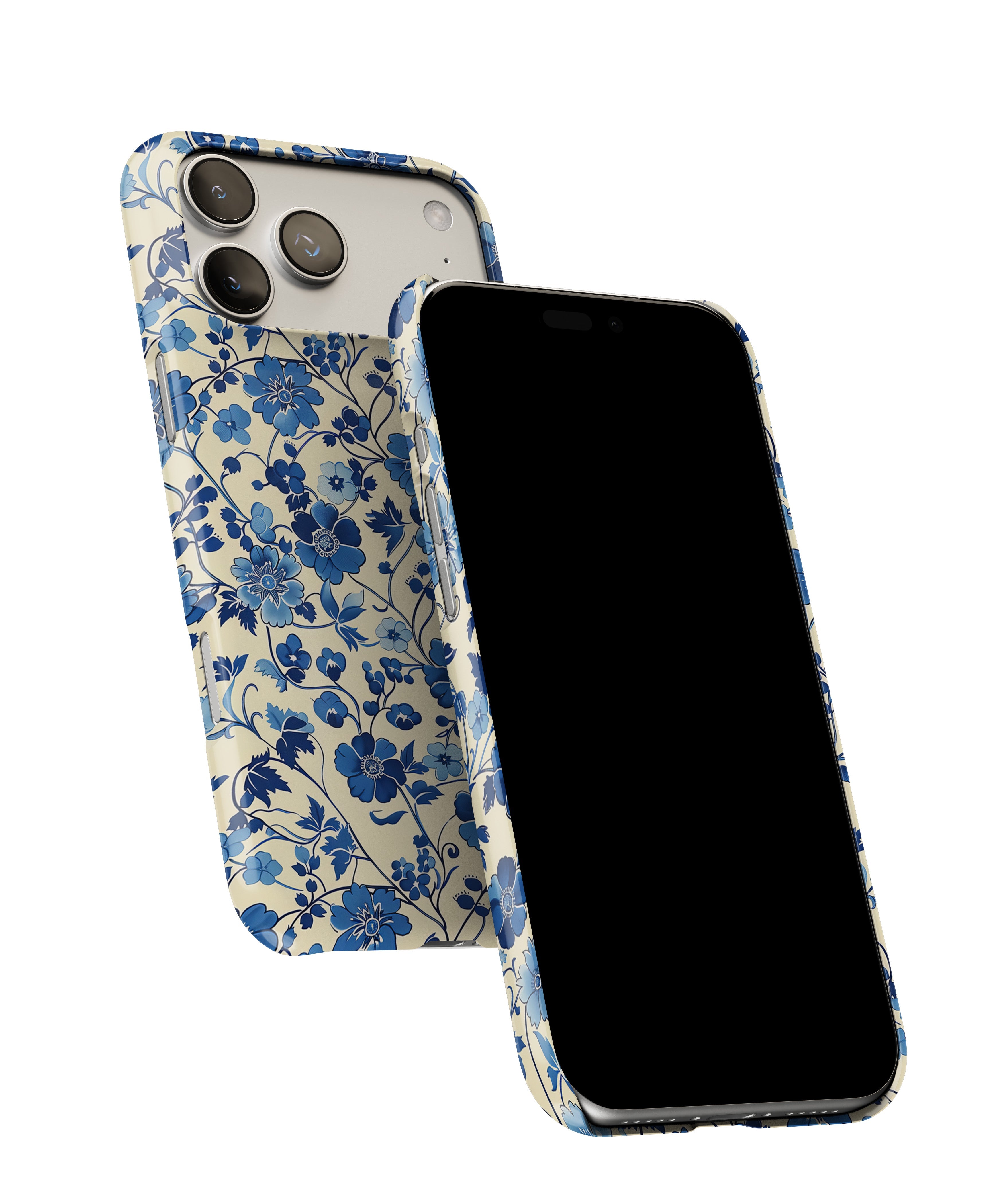 Side view of Floral Blues phone case showing button cut-outs