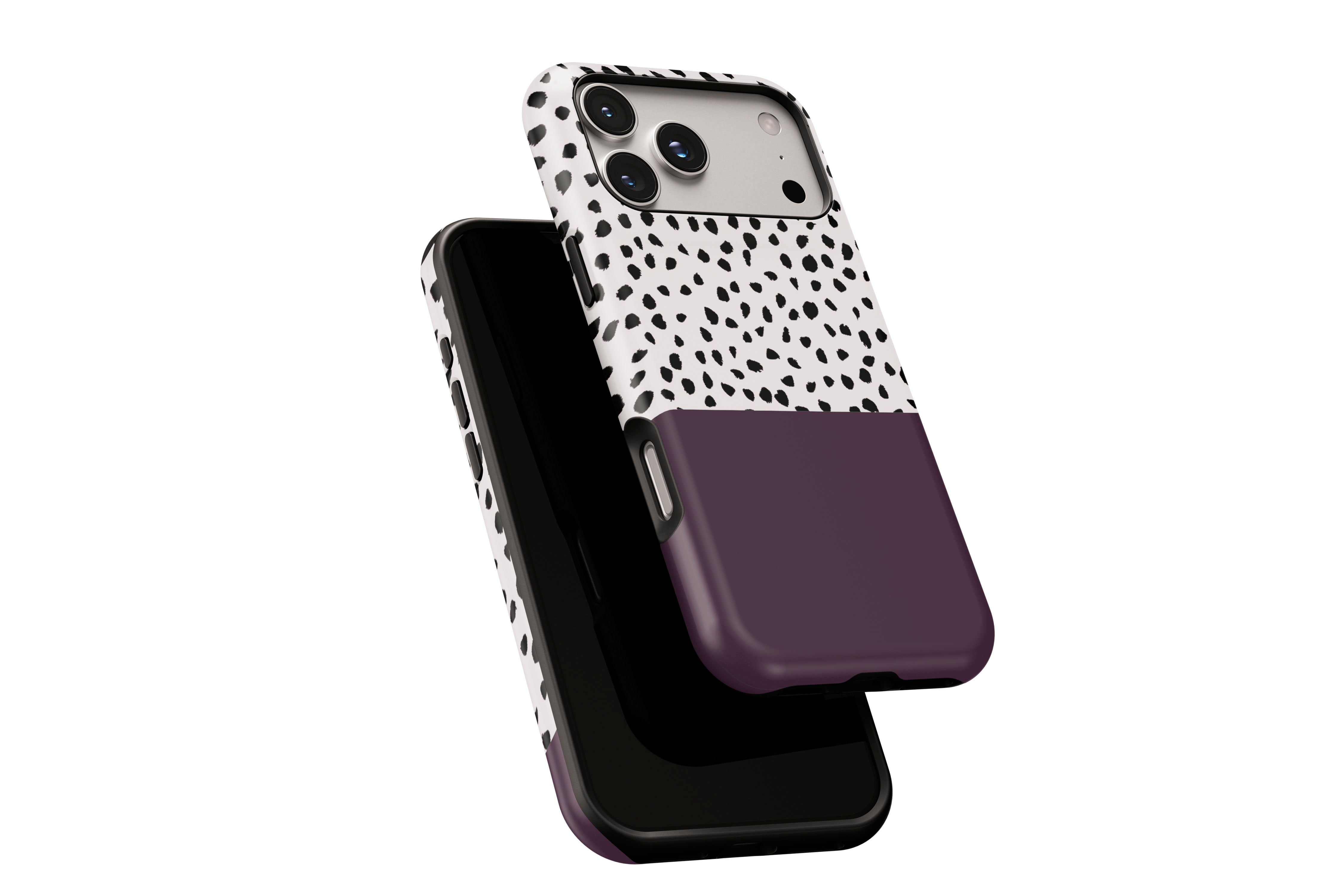 Side view of Geo Dots (Black Cherry) phone case showing button cut-outs