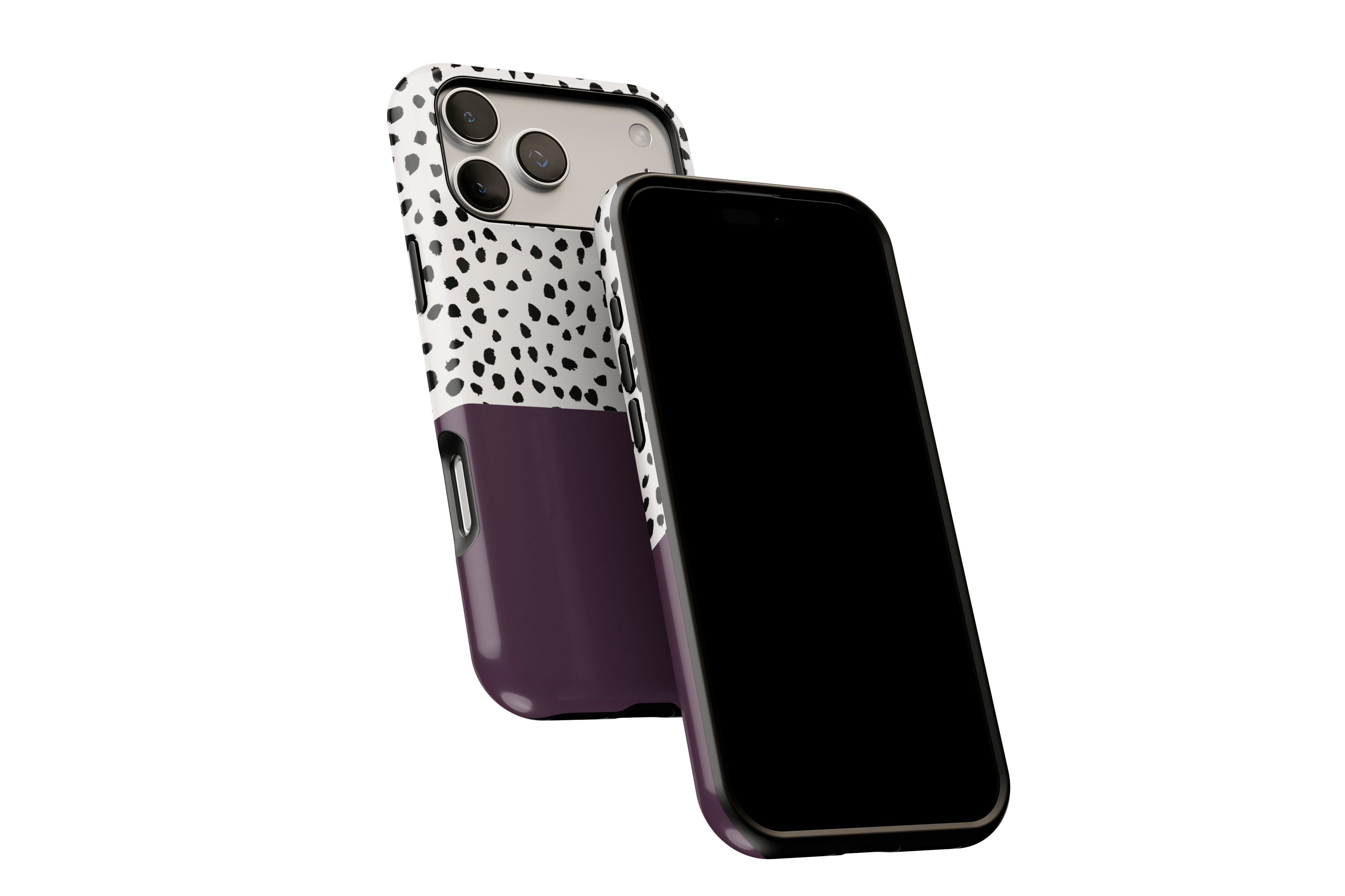 Side view of Geo Dots (Black Cherry) phone case showing button cut-outs