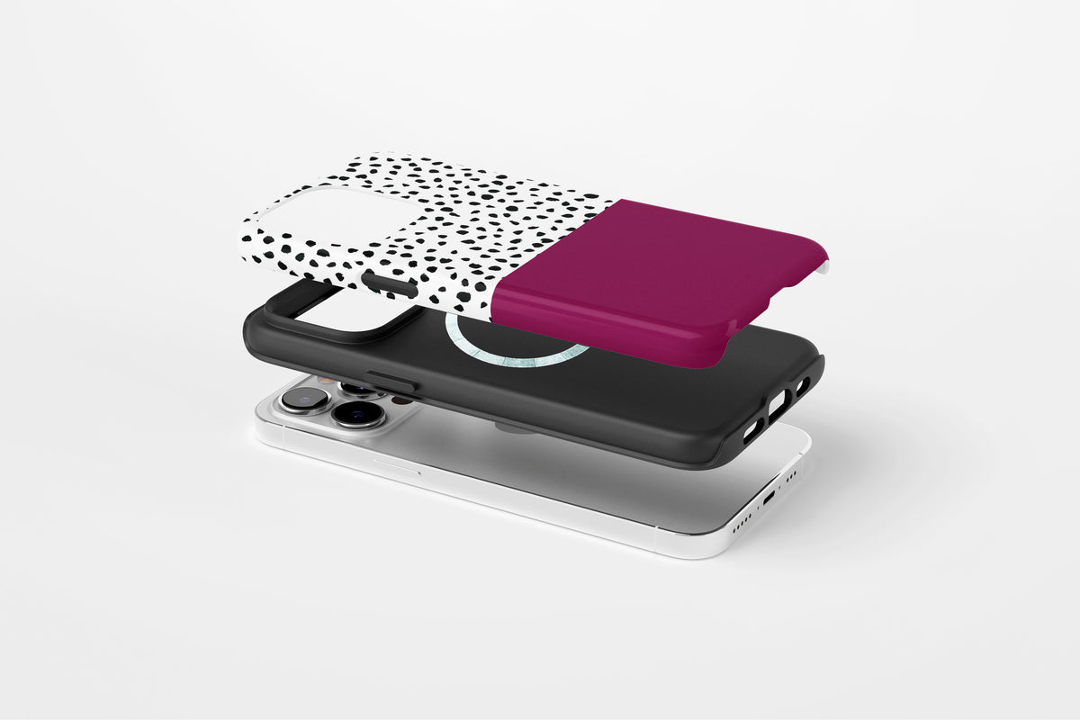 Side view of Geo Dots (Burgundy) phone case showing black and white irregular dot print with burgundy colour block