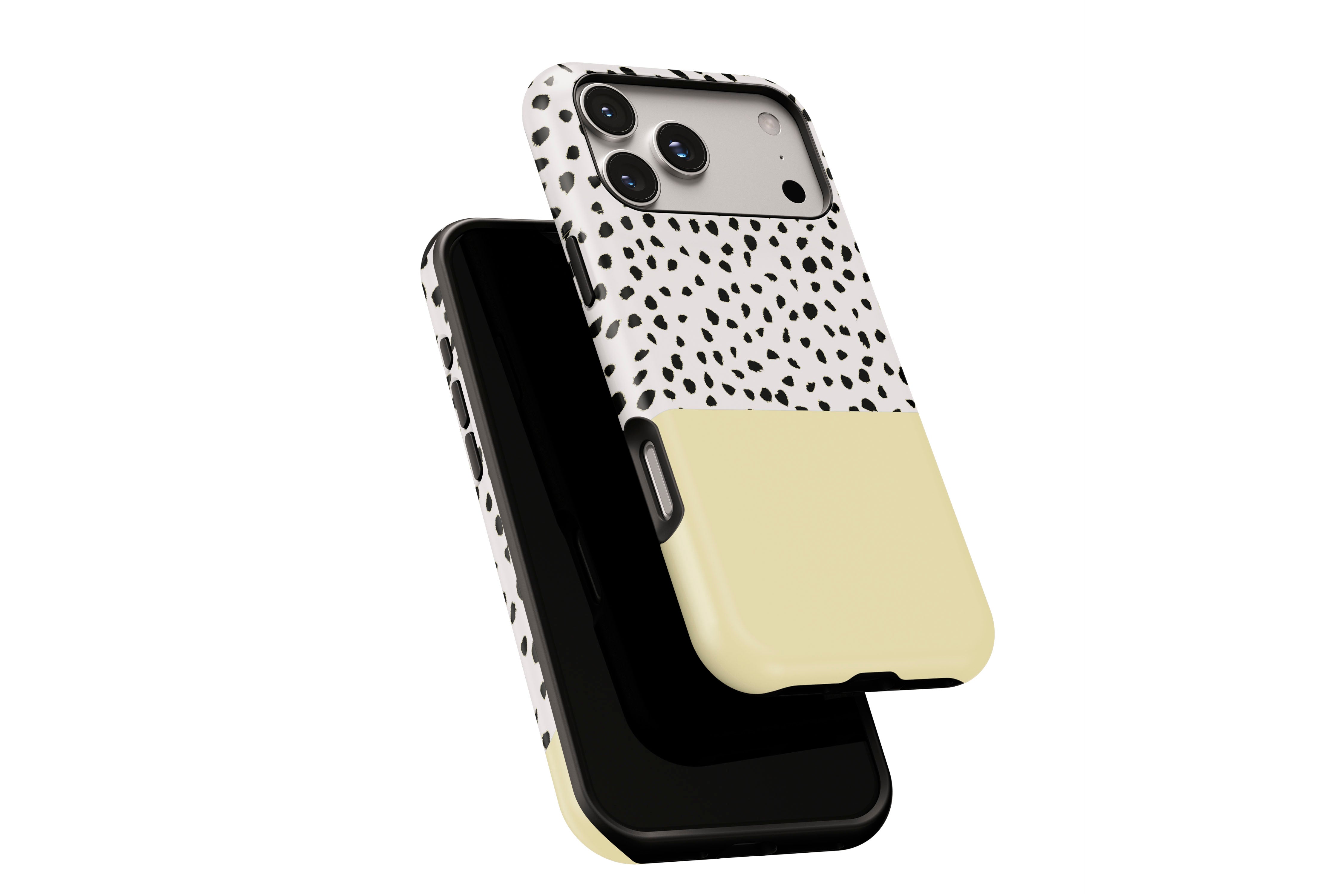 Side view of Geo Dots (Butter Yellow) phone case showing button cut-outs