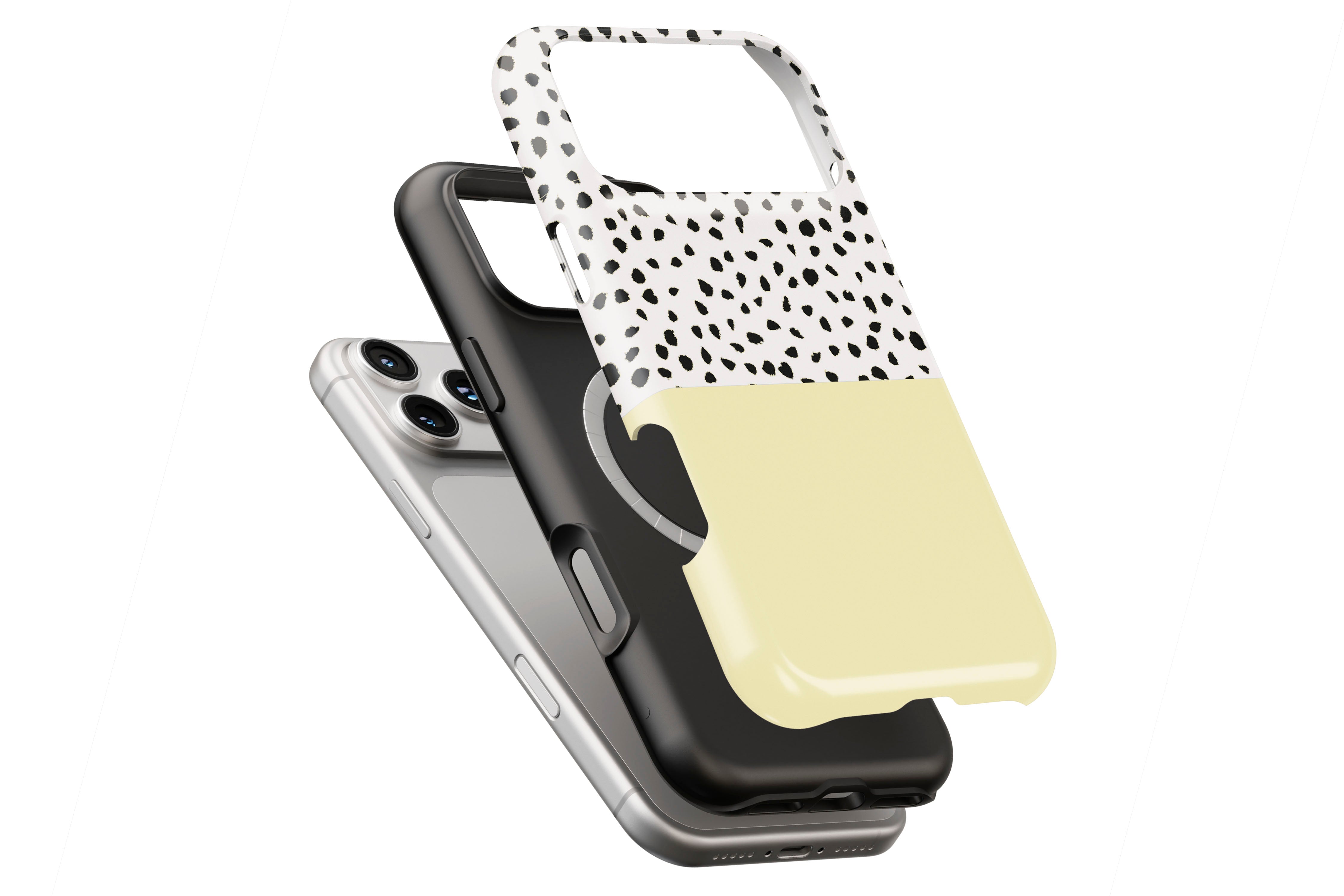 Geo Dots (Butter Yellow) magnetic case showing built-in magnetic ring compatible with MagSafe charging