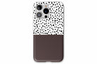 Front view of Geo Dots (Espresso) phone case showing black and white irregular dot print with espresso brown colour block