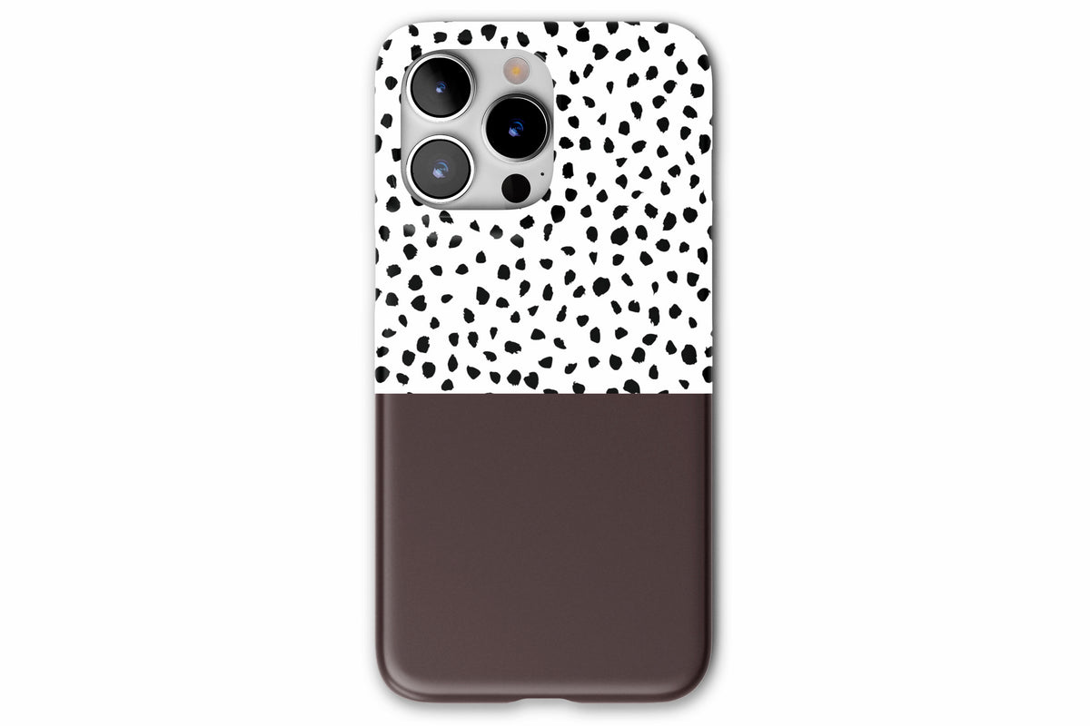 Front view of Geo Dots (Espresso) phone case showing black and white irregular dot print with espresso brown colour block