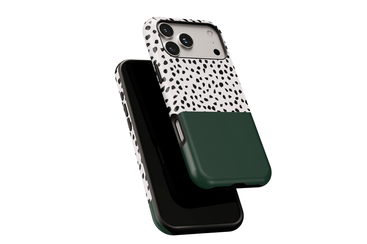 Side view of Geo Dots (Green) phone case showing button cut-outs