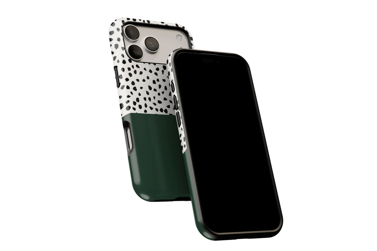 Side view of Geo Dots (Green) phone case showing button cut-outs