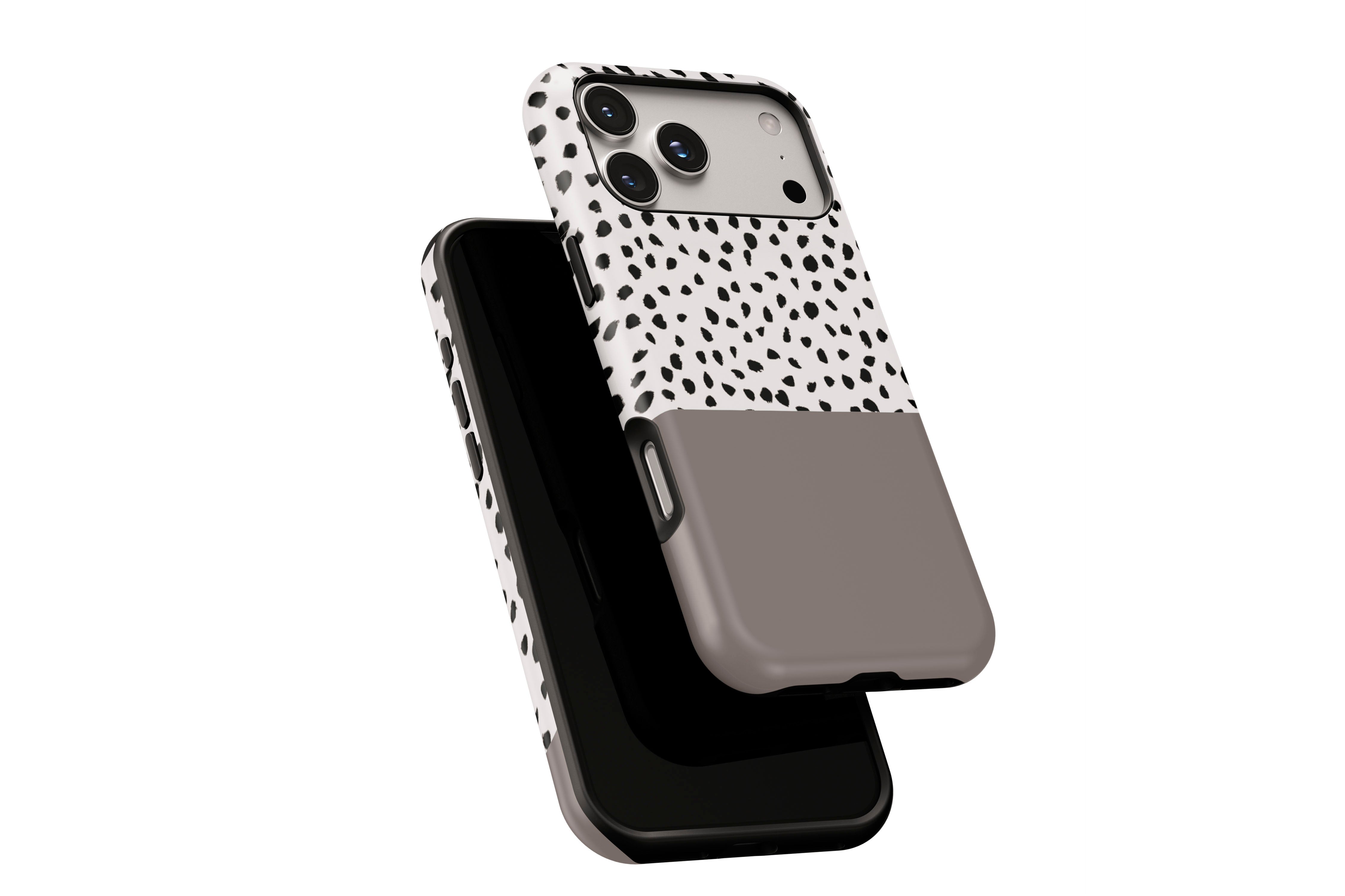 Side view of Geo Dots (Latte) phone case showing button cut-outs