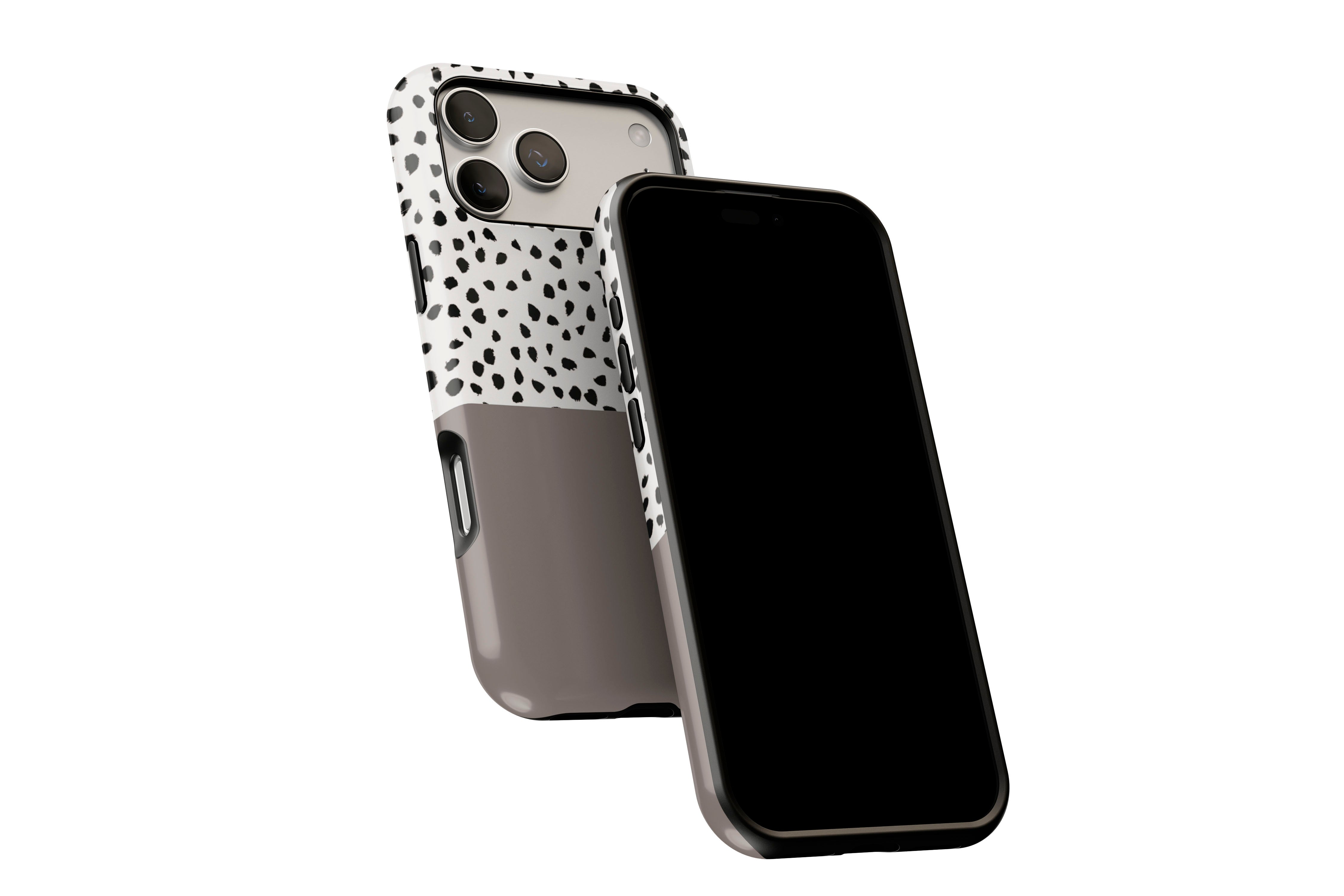 Side view of Geo Dots (Latte) phone case showing button cut-outs