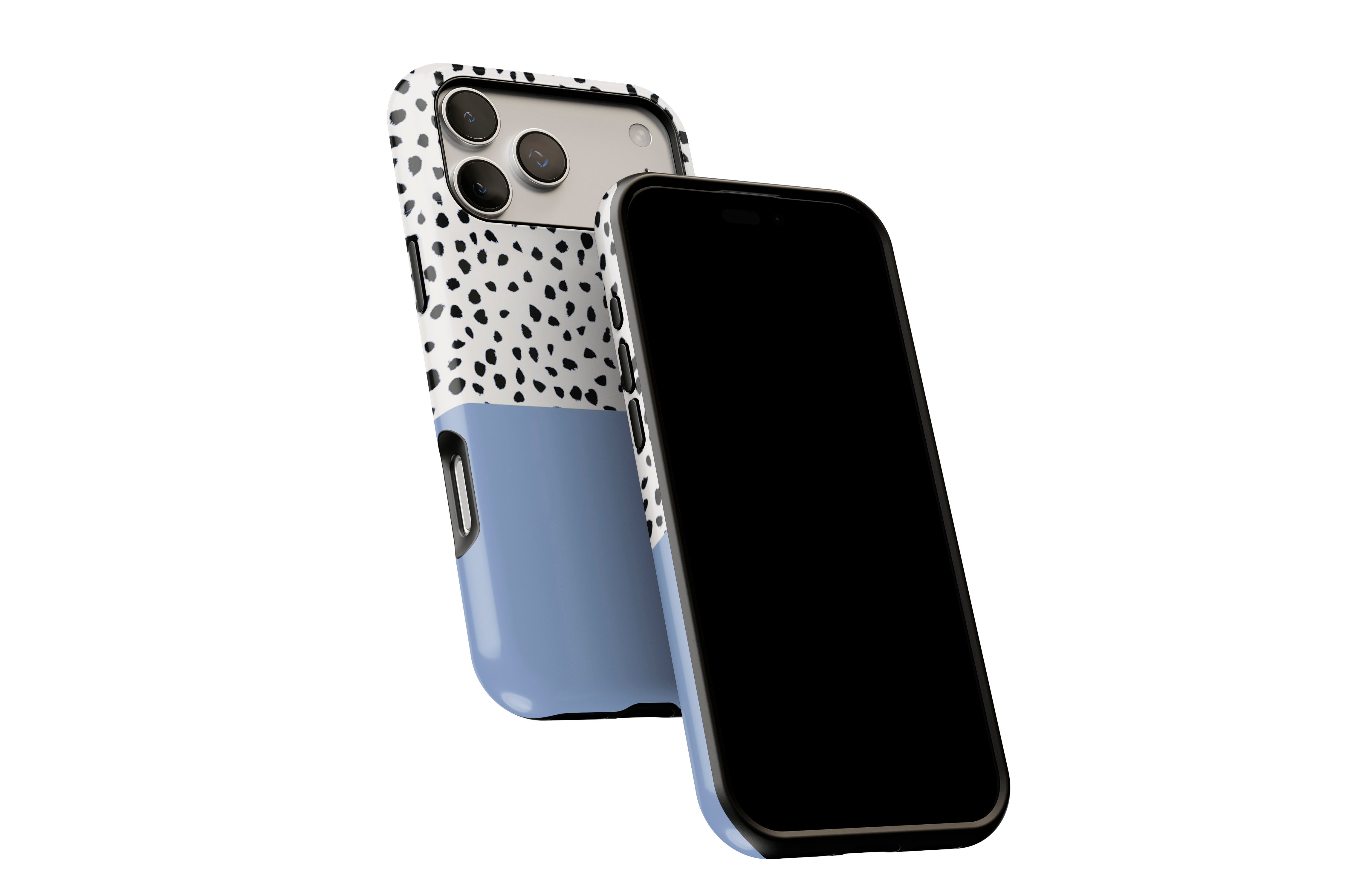 Side view of Geo Dots (Light Blue) phone case showing button cut-outs