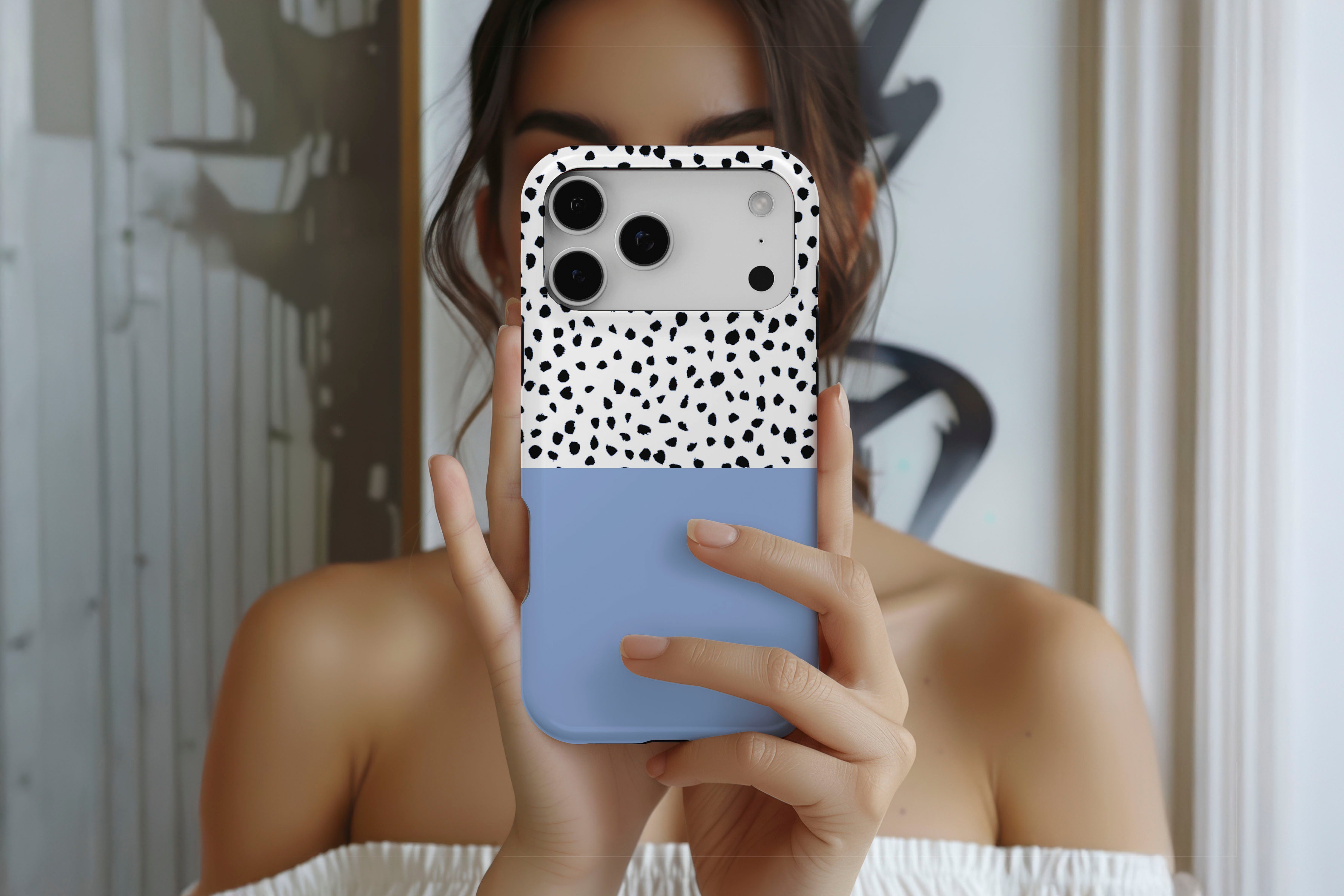 Lifestyle image of Geo Dots (Light Blue) magnetic tough case showing geometric dots print design