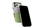 Side view of Geo Dots (Matcha) phone case showing button cut-outs