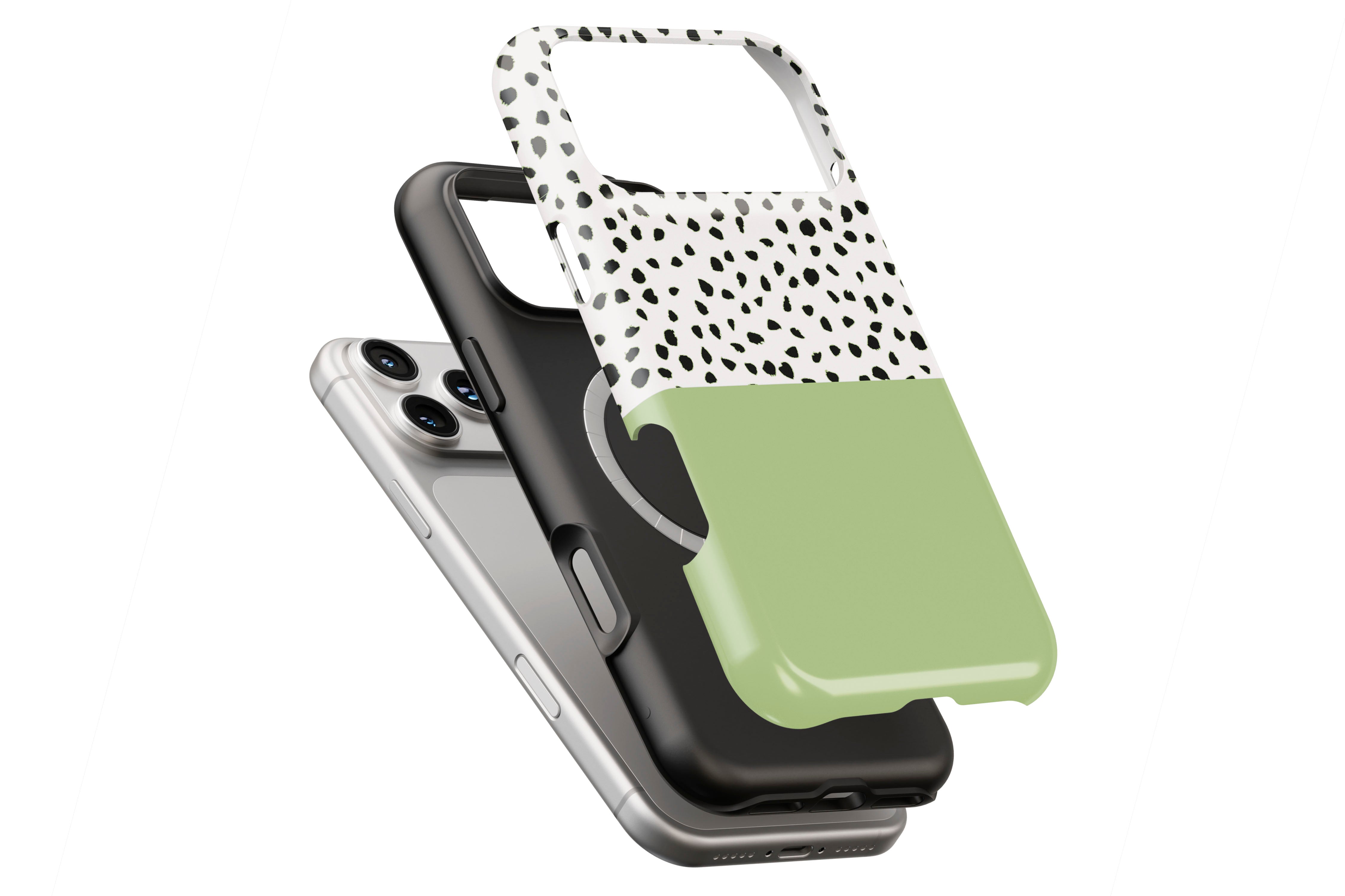 Geo Dots (Matcha) magnetic case showing built-in magnetic ring compatible with MagSafe charging
