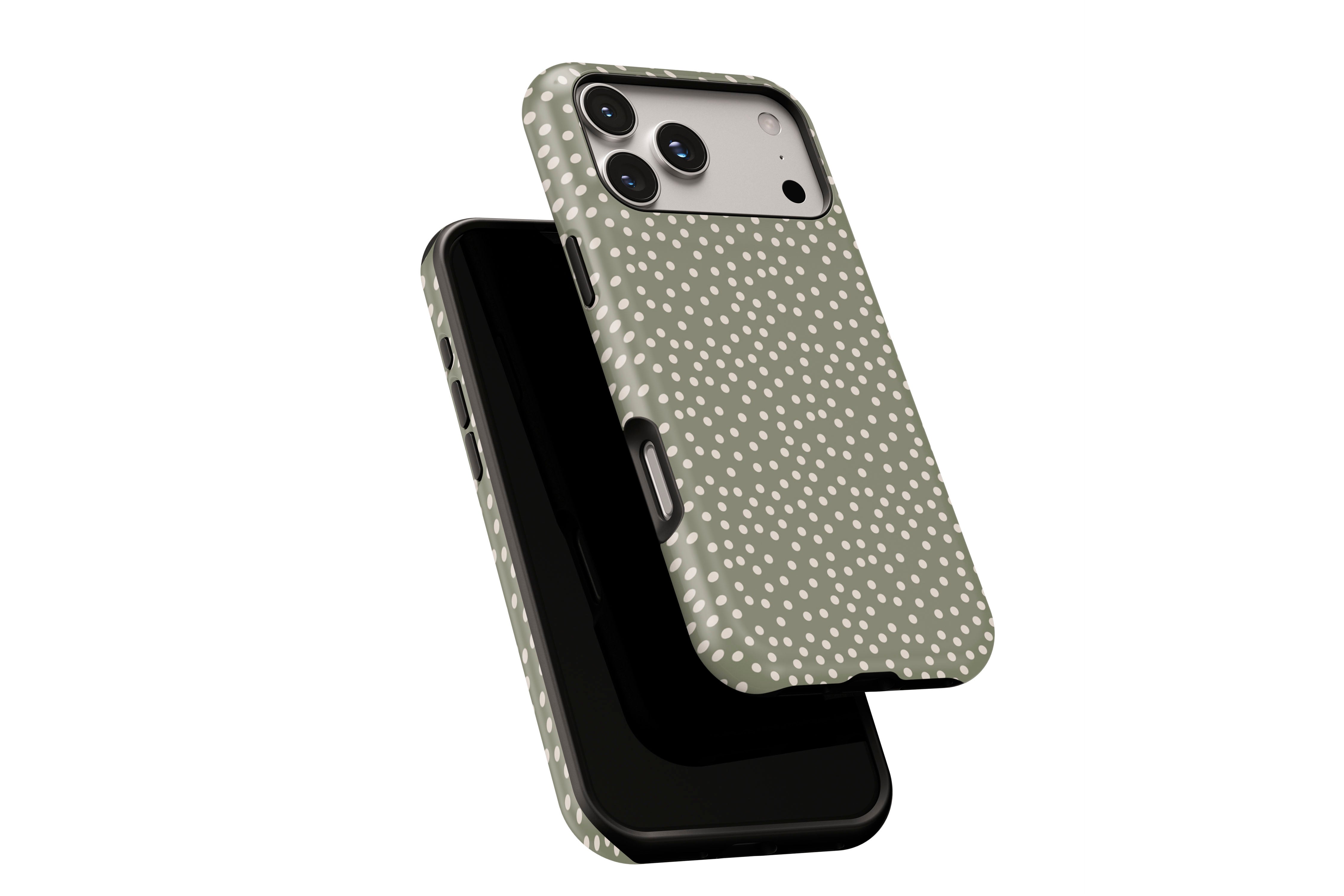 Side view of Green Dots phone case showing button cut-outs