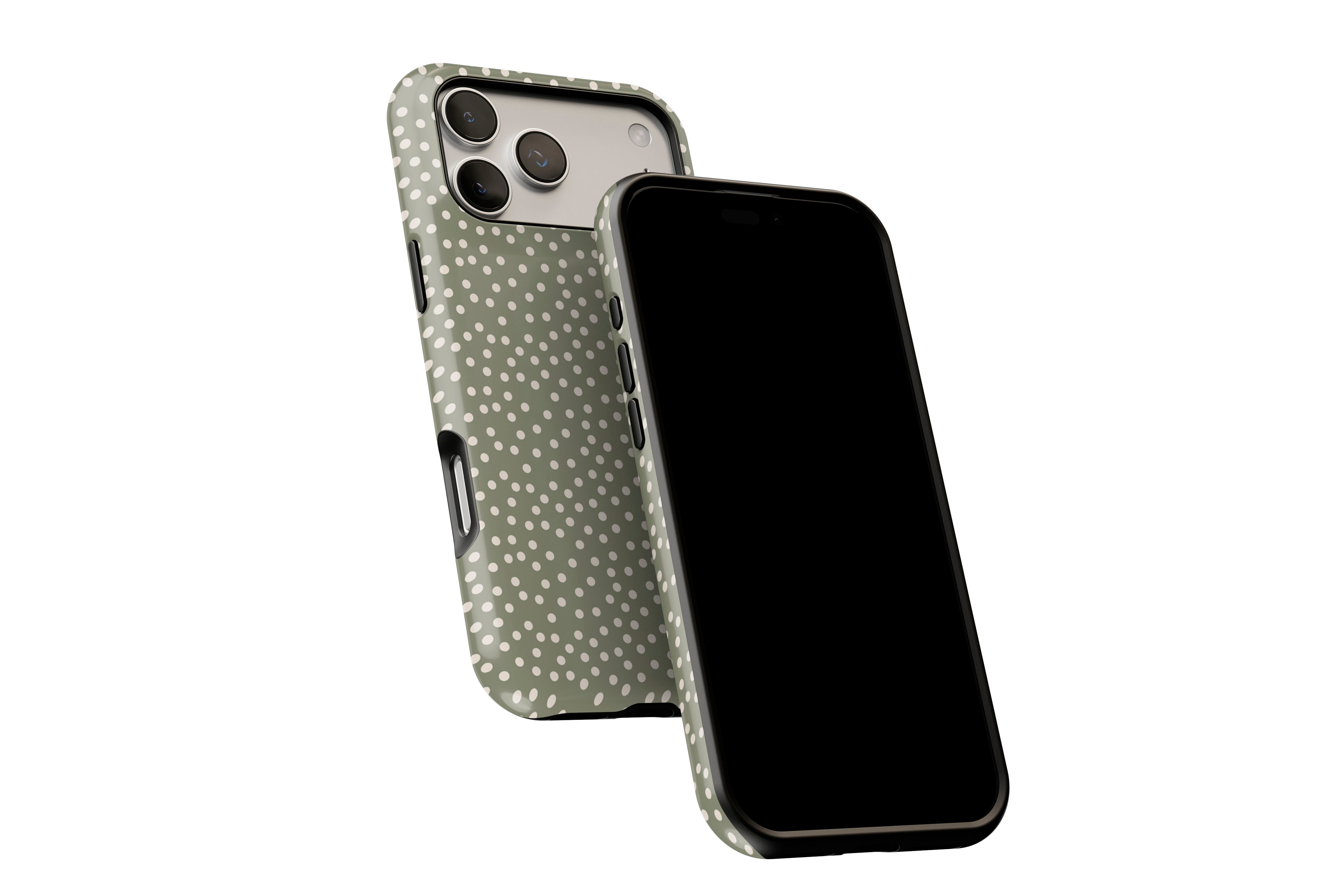 Side view of Green Dots phone case showing button cut-outs