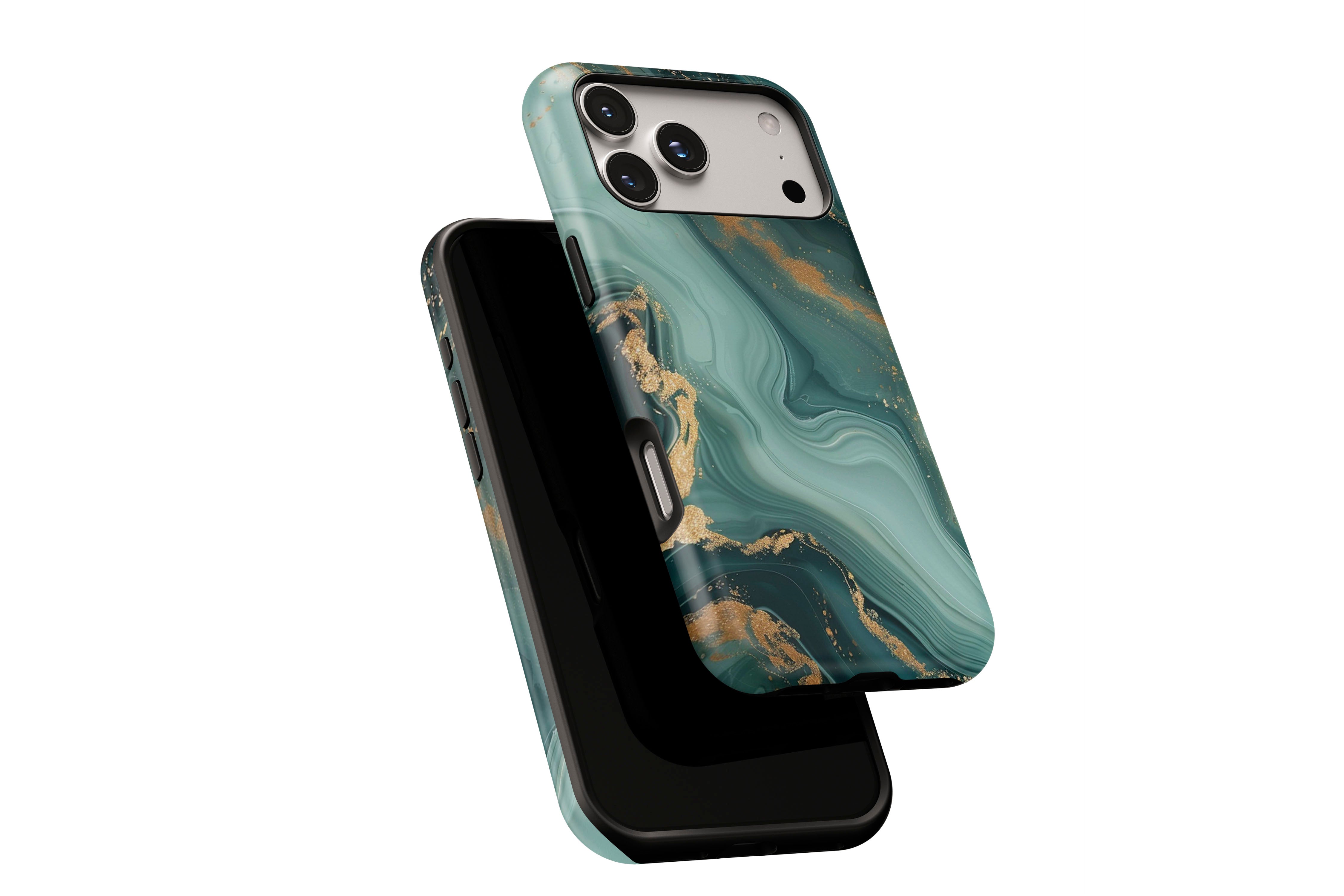 Side view of Green Marble phone case showing button cut-outs