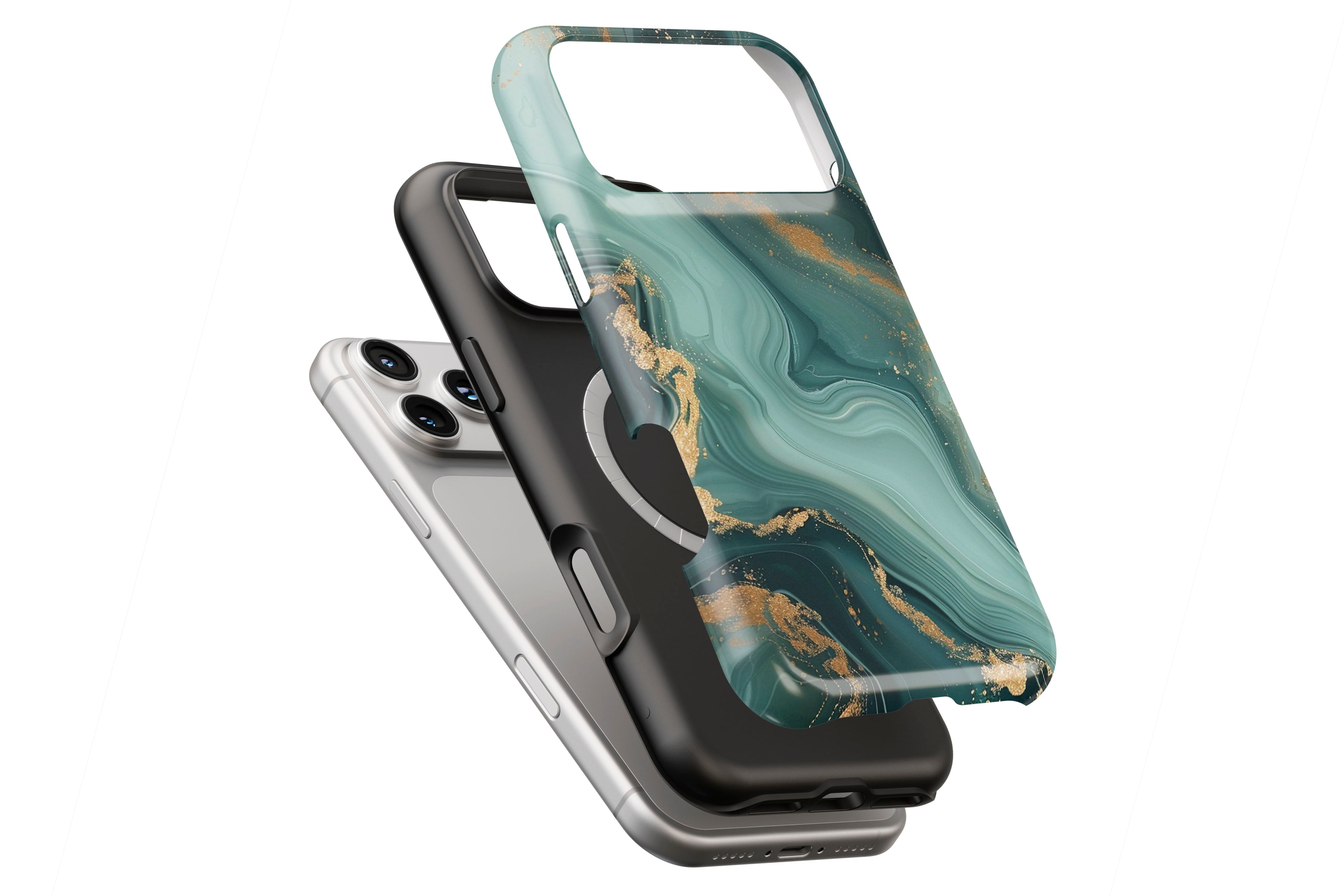 Green Marble magnetic case showing built-in magnetic ring compatible with MagSafe charging