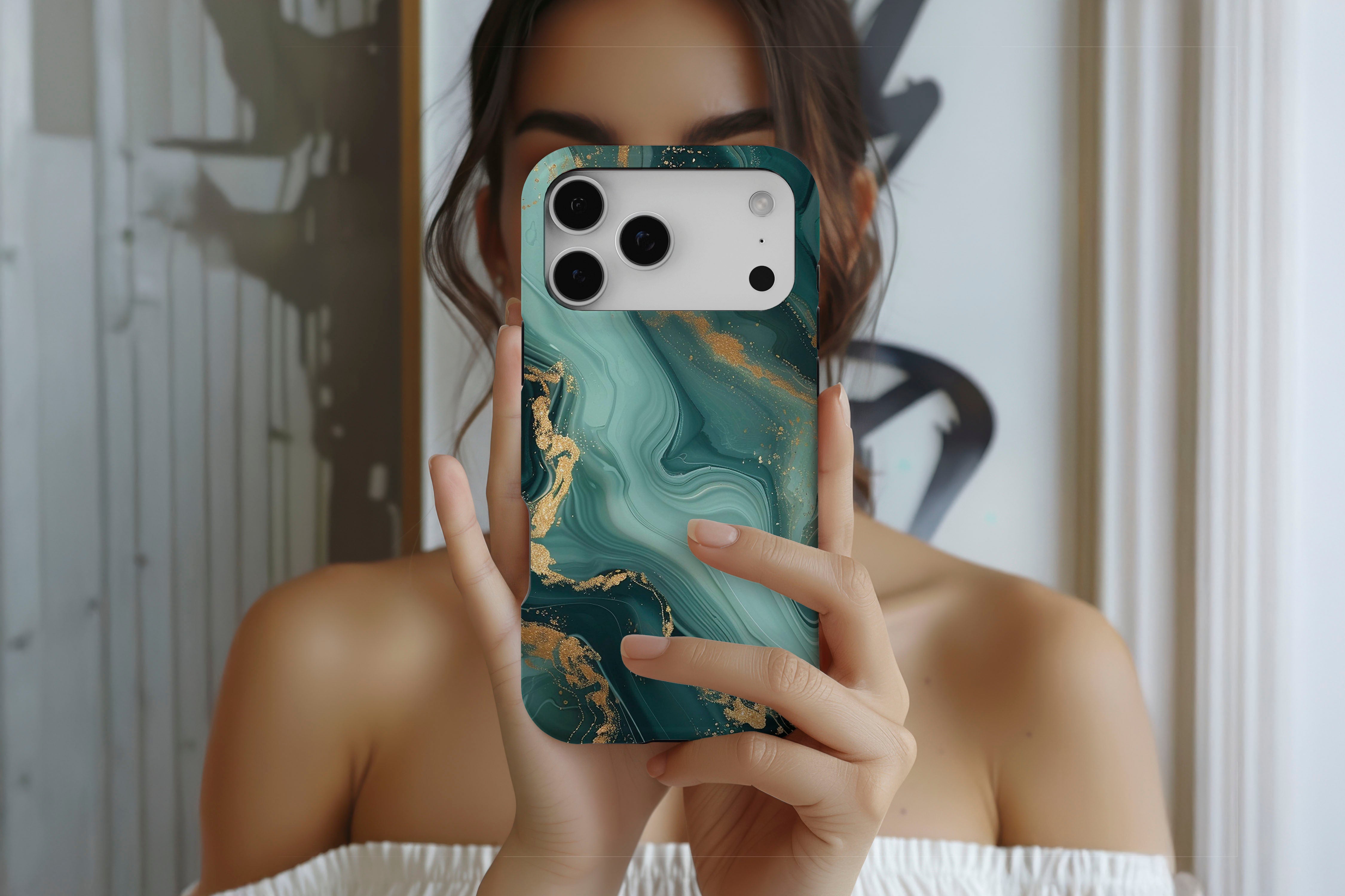 Lifestyle image of Green Marble magnetic tough case showing marble print design