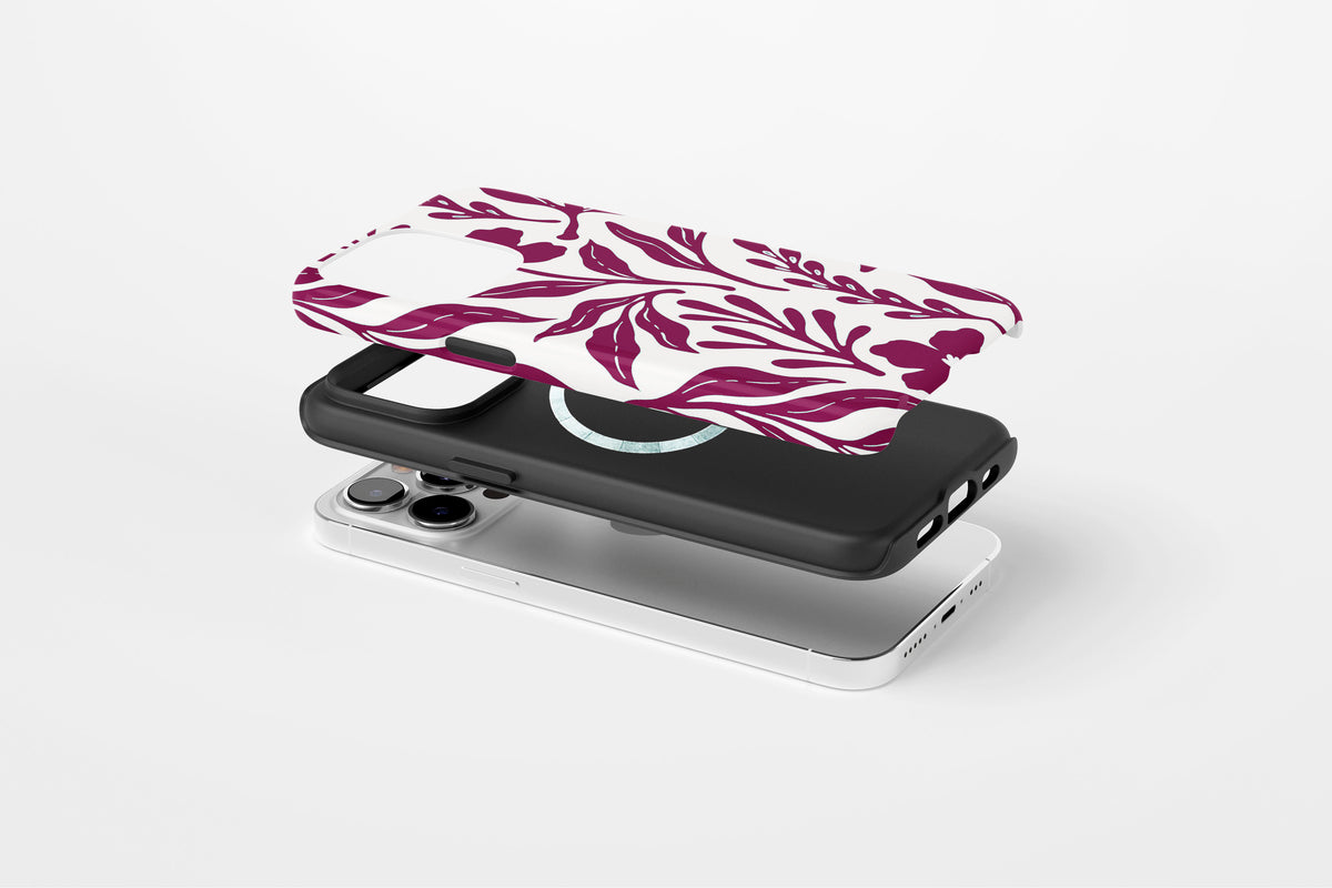 Side view of Matisse (Burgundy) phone case showing burgundy botanical line print on a cream base