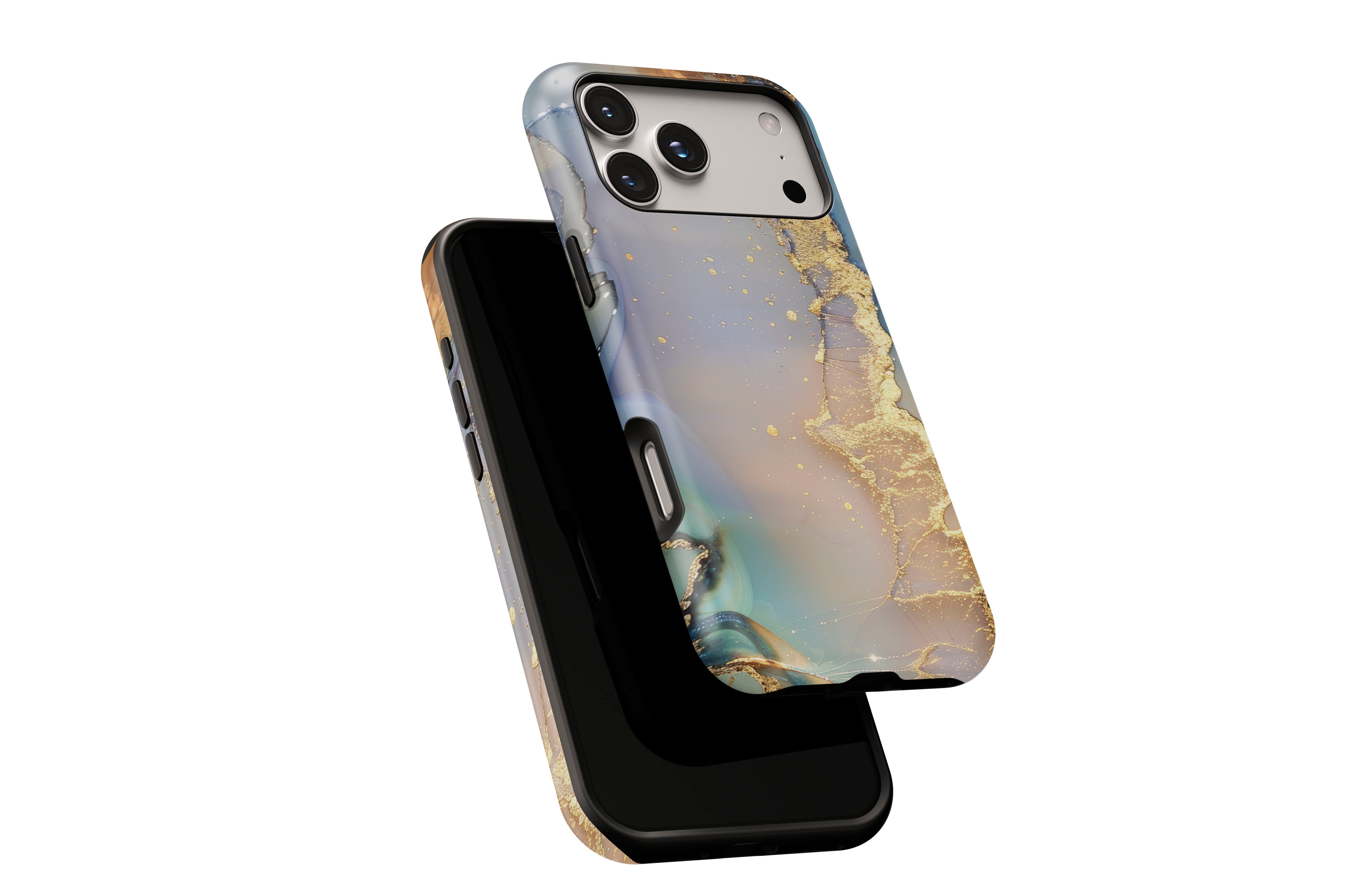 Side view of Opulent Marble phone case showing button cut-outs