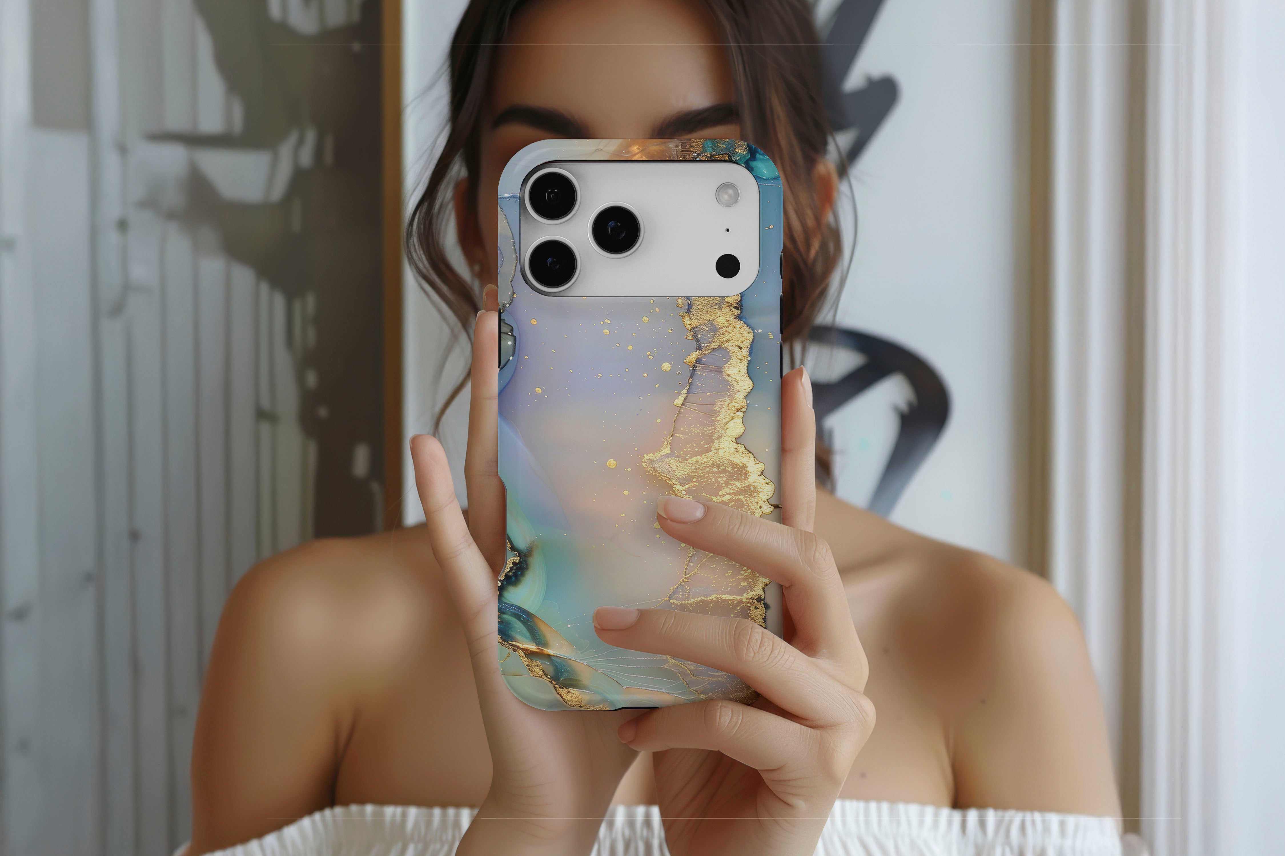 Lifestyle image of Opulent Marble magnetic tough case showing marble print design