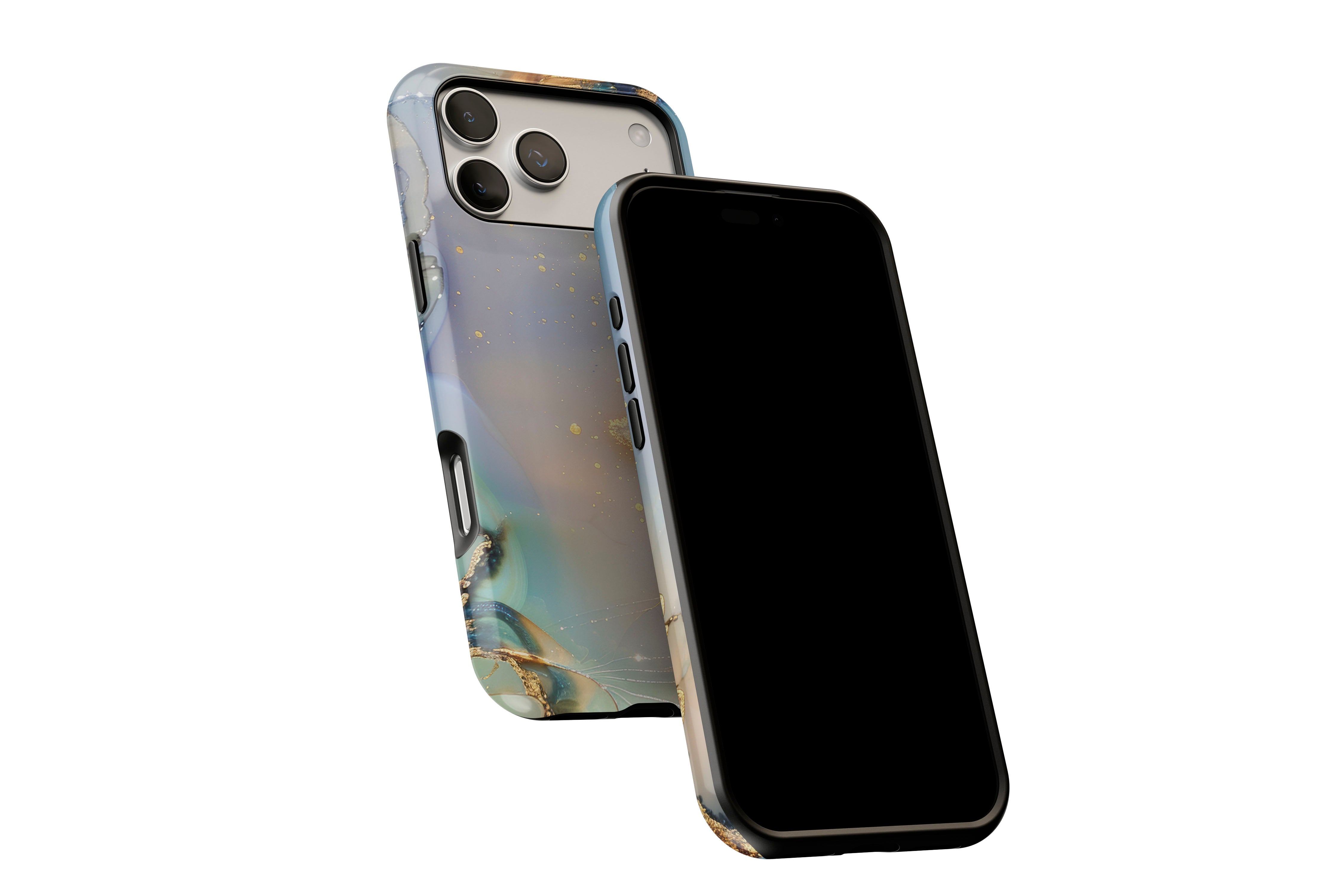 Side view of Opulent Marble phone case showing button cut-outs