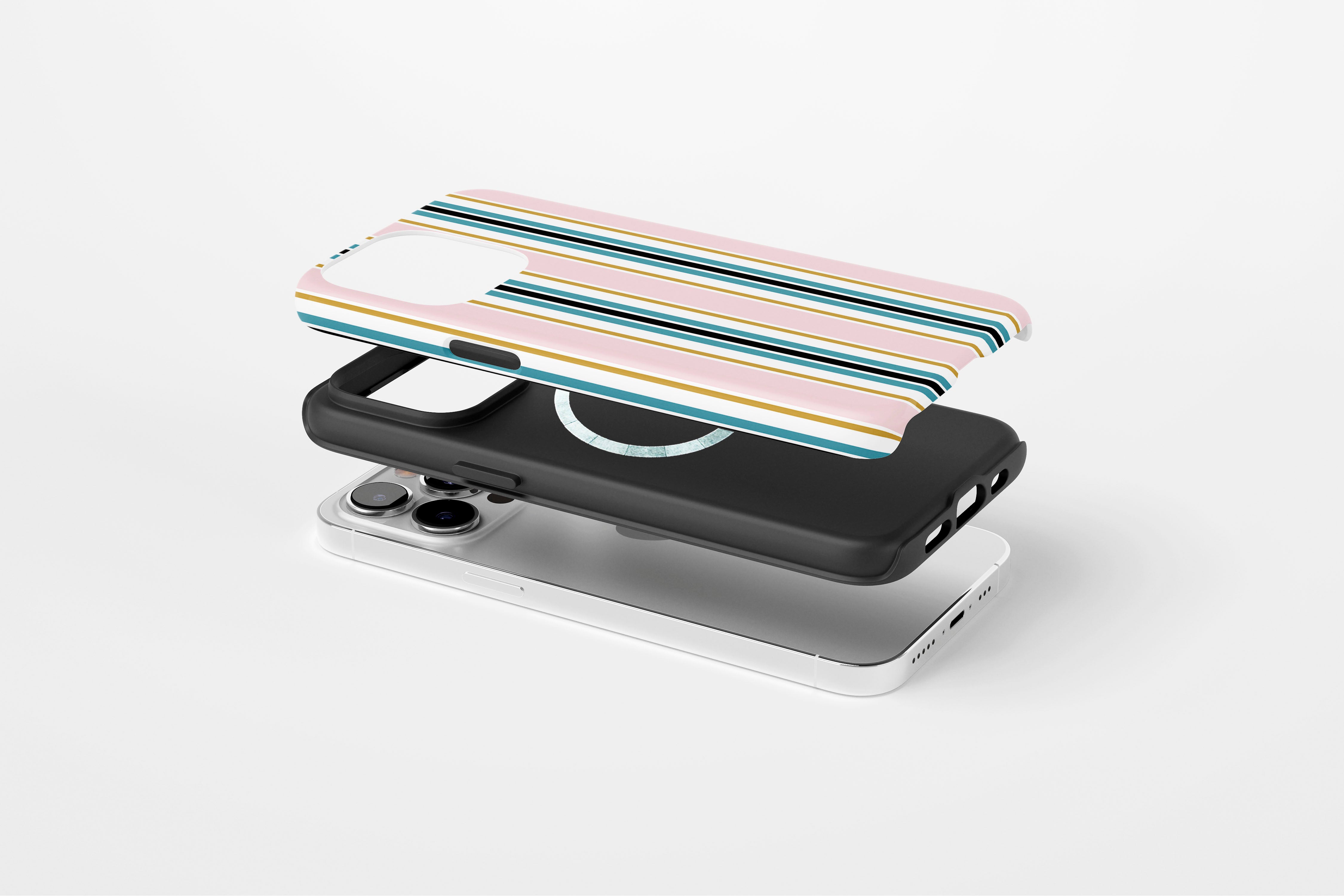 Side view of Palm Springs case showing multi stripe print design