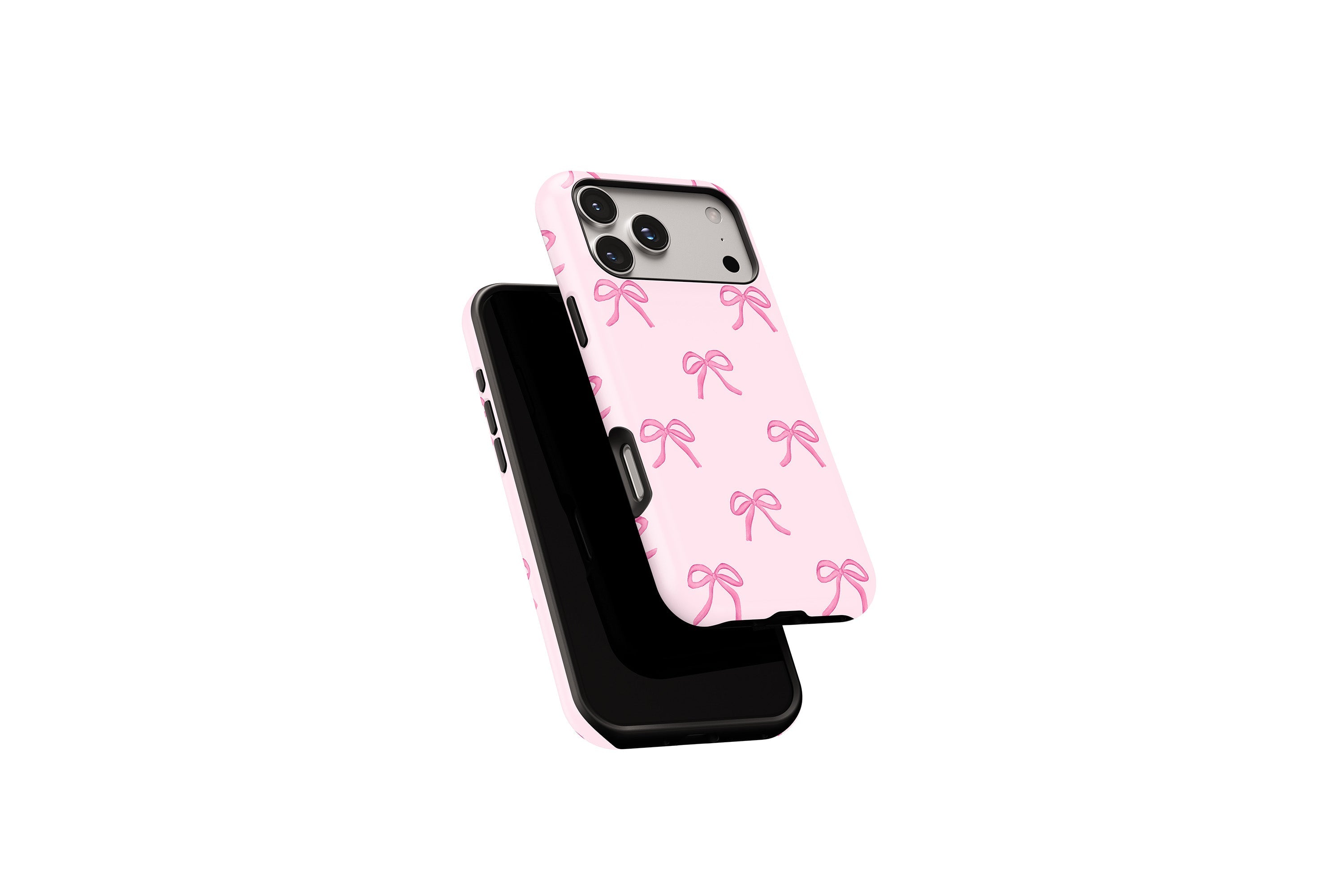 Side view of Pink Bows phone case showing button cut-outs