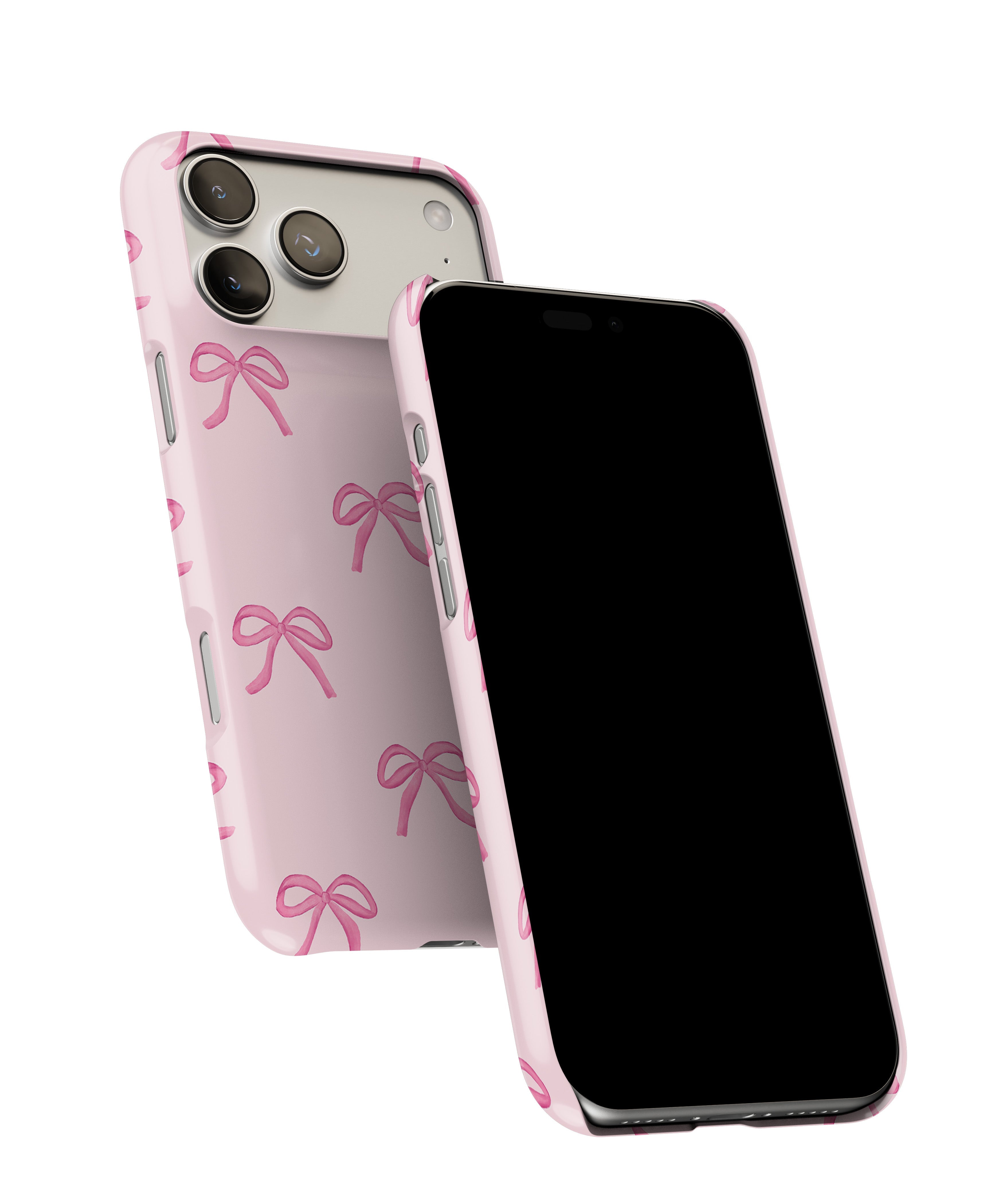 Side view of Pink Bows phone case showing button cut-outs