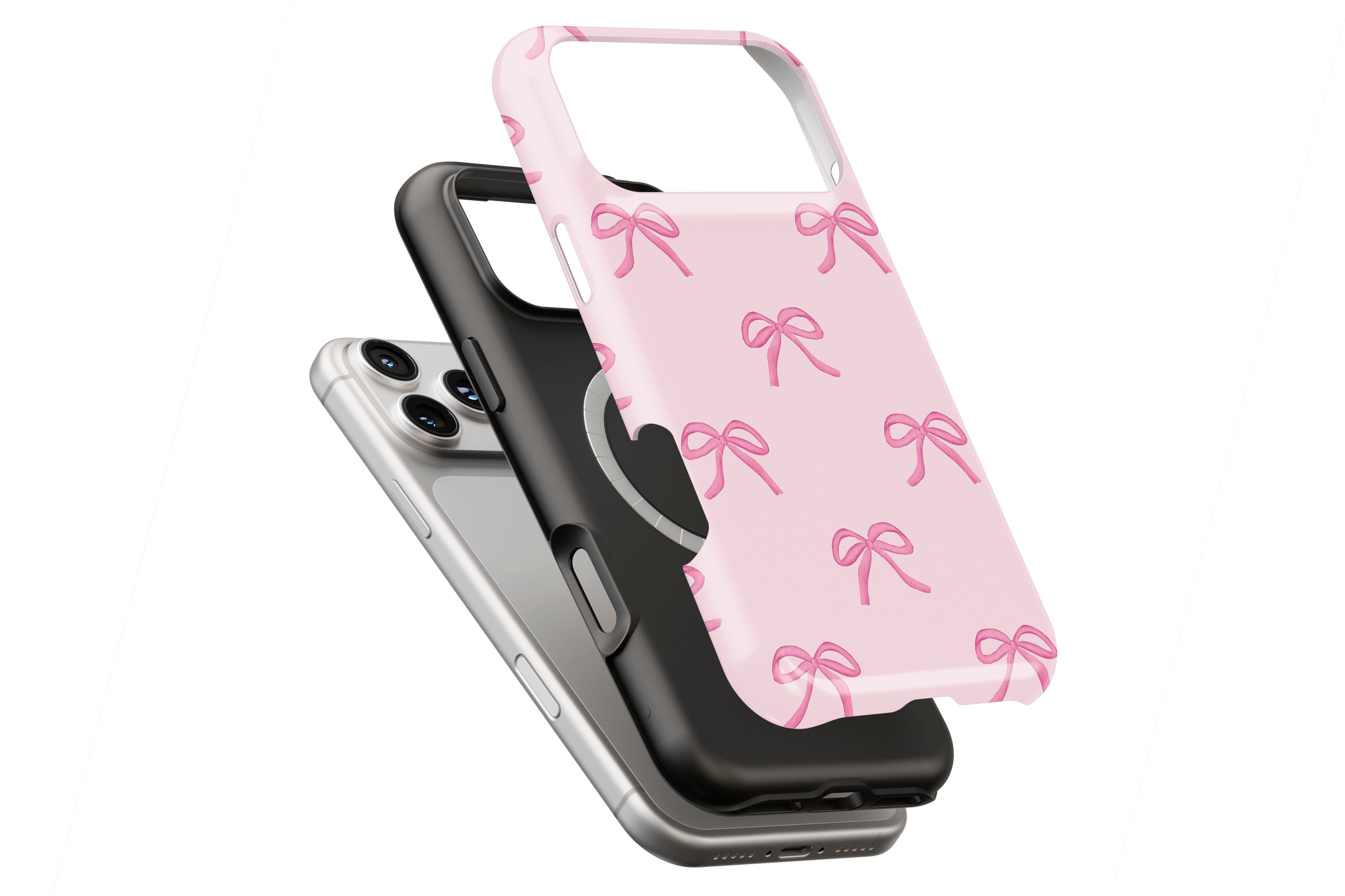 Pink Bows magnetic case showing built-in magnetic ring compatible with MagSafe charging