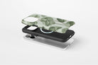 Side view of Sage Botanica phone case showing soft sage and eucalyptus green botanical floral print
