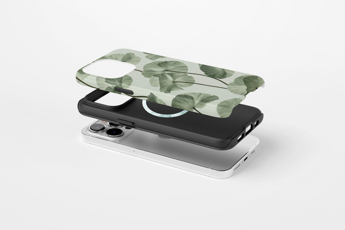 Side view of Sage Botanica phone case showing soft sage and eucalyptus green botanical floral print