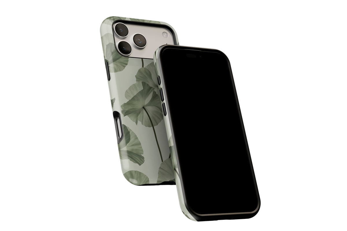 Side view of Sage Botanica phone case showing button cut-outs