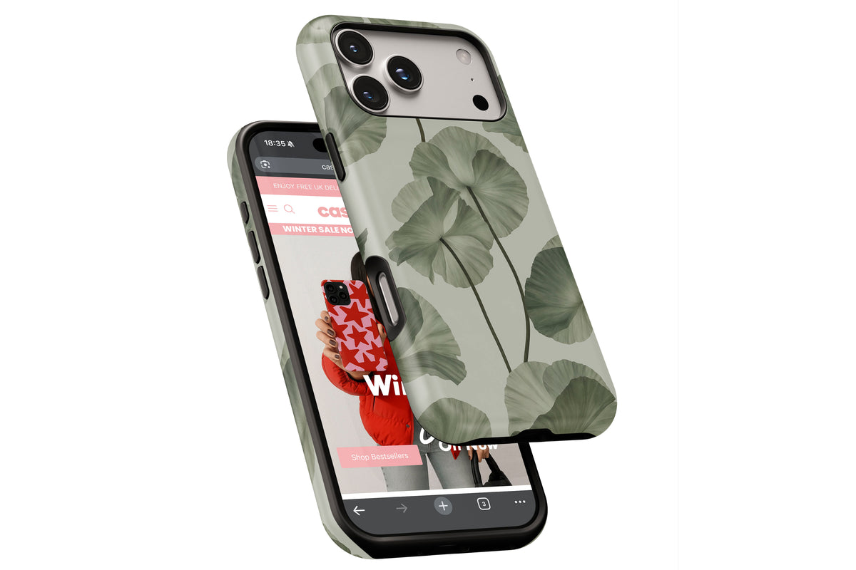 Side view of Sage Botanica MagTough phone case showing button cut-outs