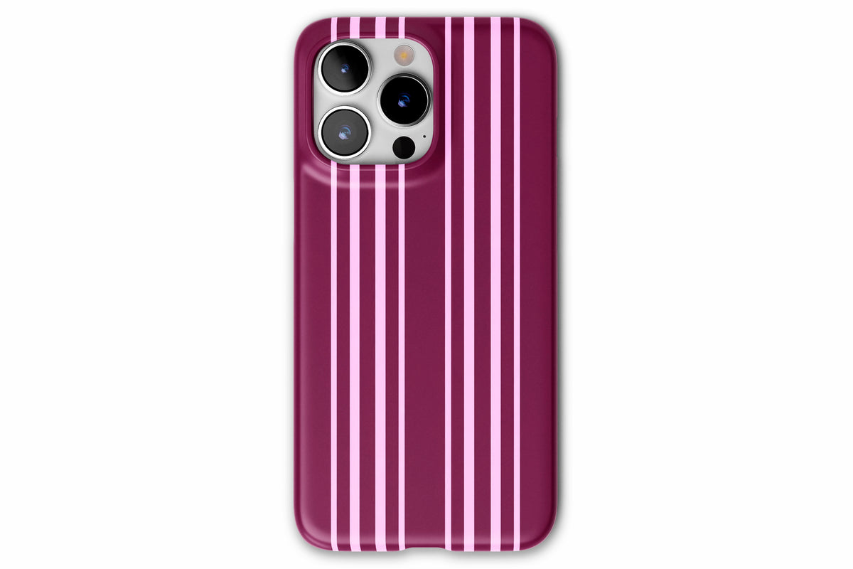 Front view of Soho phone case showing rich burgundy and pink vertical stripe print