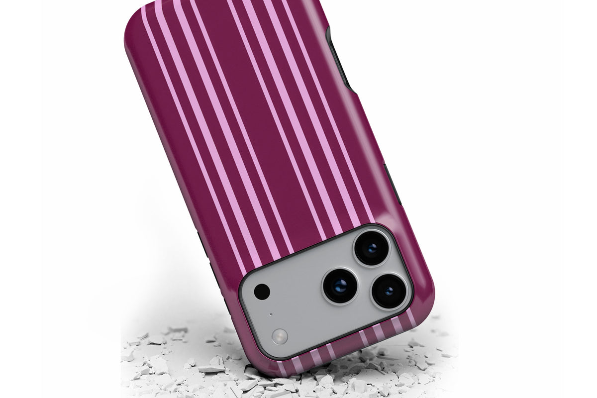 Front view of Soho MagTough phone case showing rich burgundy and pink vertical stripe print