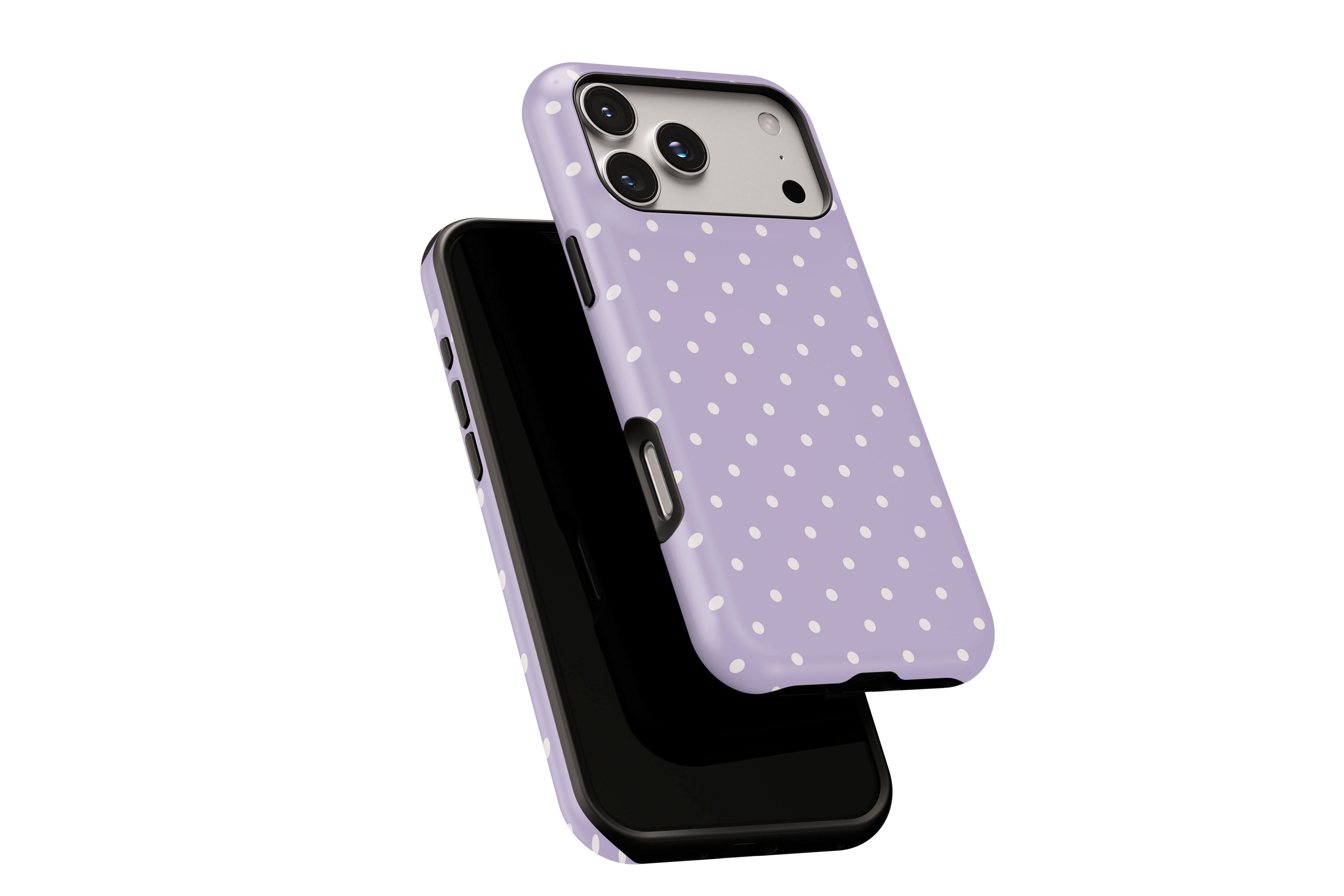 Side view of Spotted Lilac  phone case showing button cut-outs