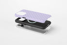 Side view of Spotted Lilac case showing multi dot print design