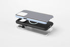 Side view of Stripes (Blue Mocha) case showing stripe print design