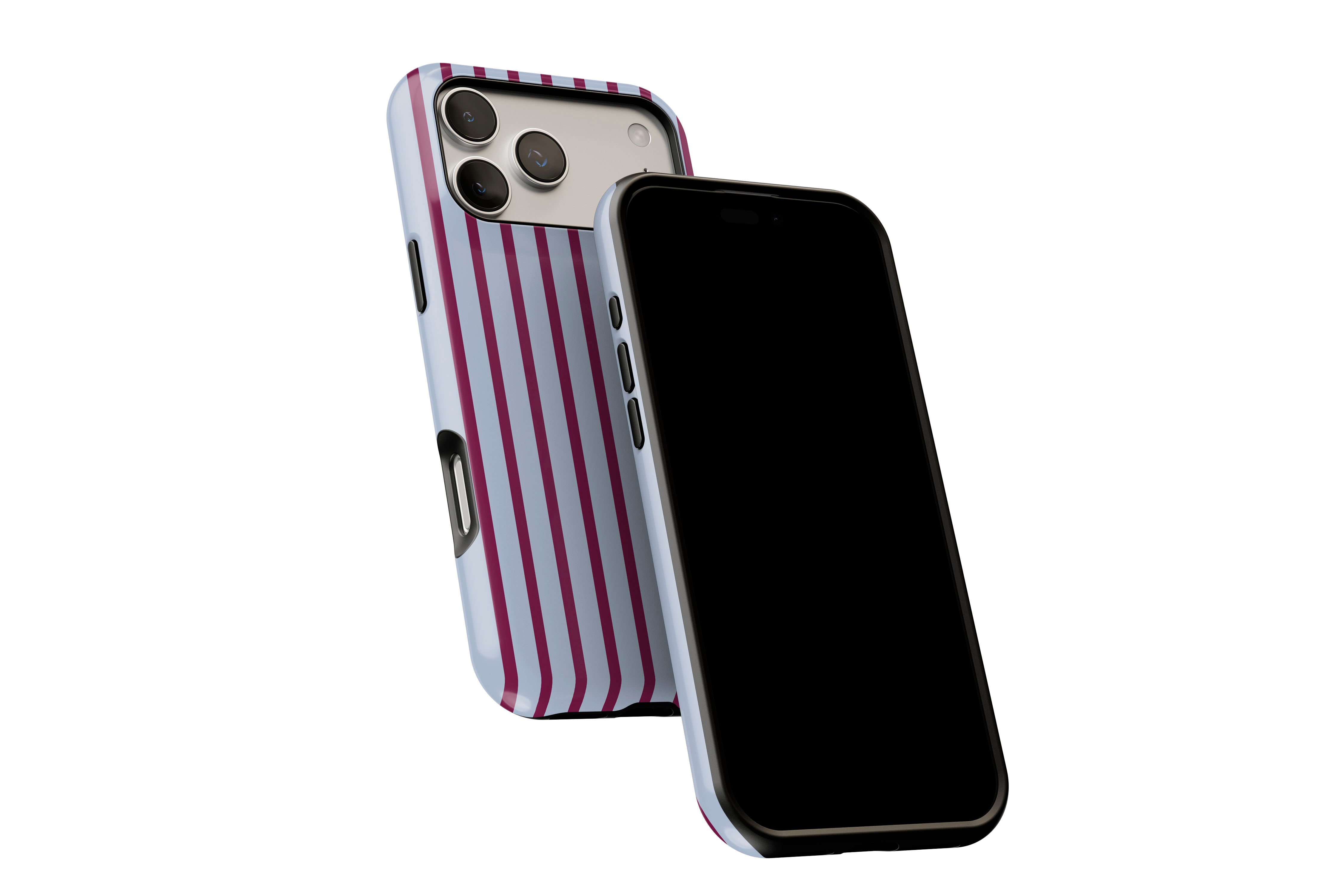 Side view of Stripes (Burgundy) phone case showing button cut-outs
