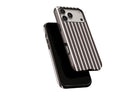 Side view of Stripes (Chocolate) phone case showing button cut-outs