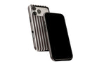 Side view of Stripes (Chocolate) phone case showing button cut-outs