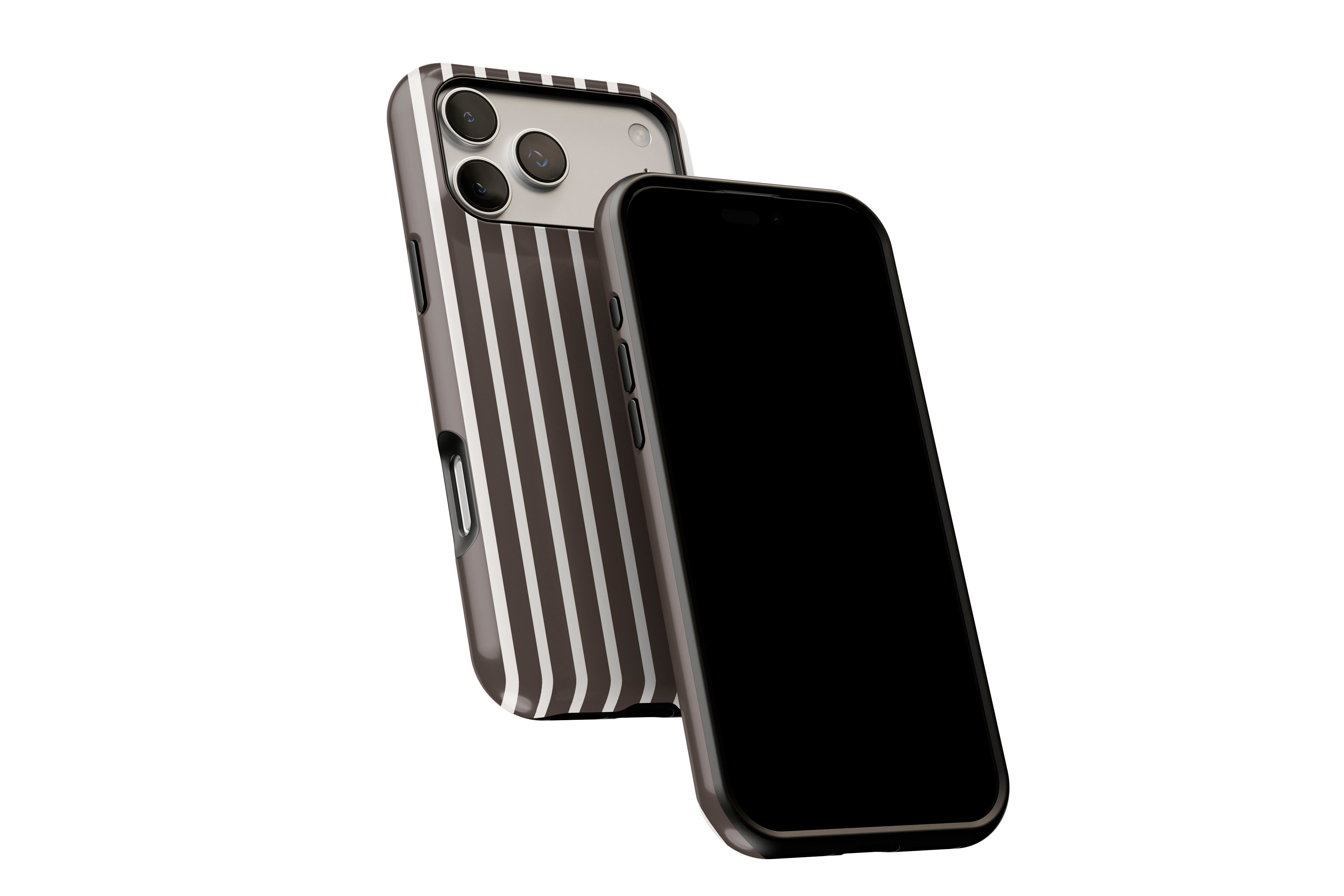 Side view of Stripes (Chocolate) phone case showing button cut-outs