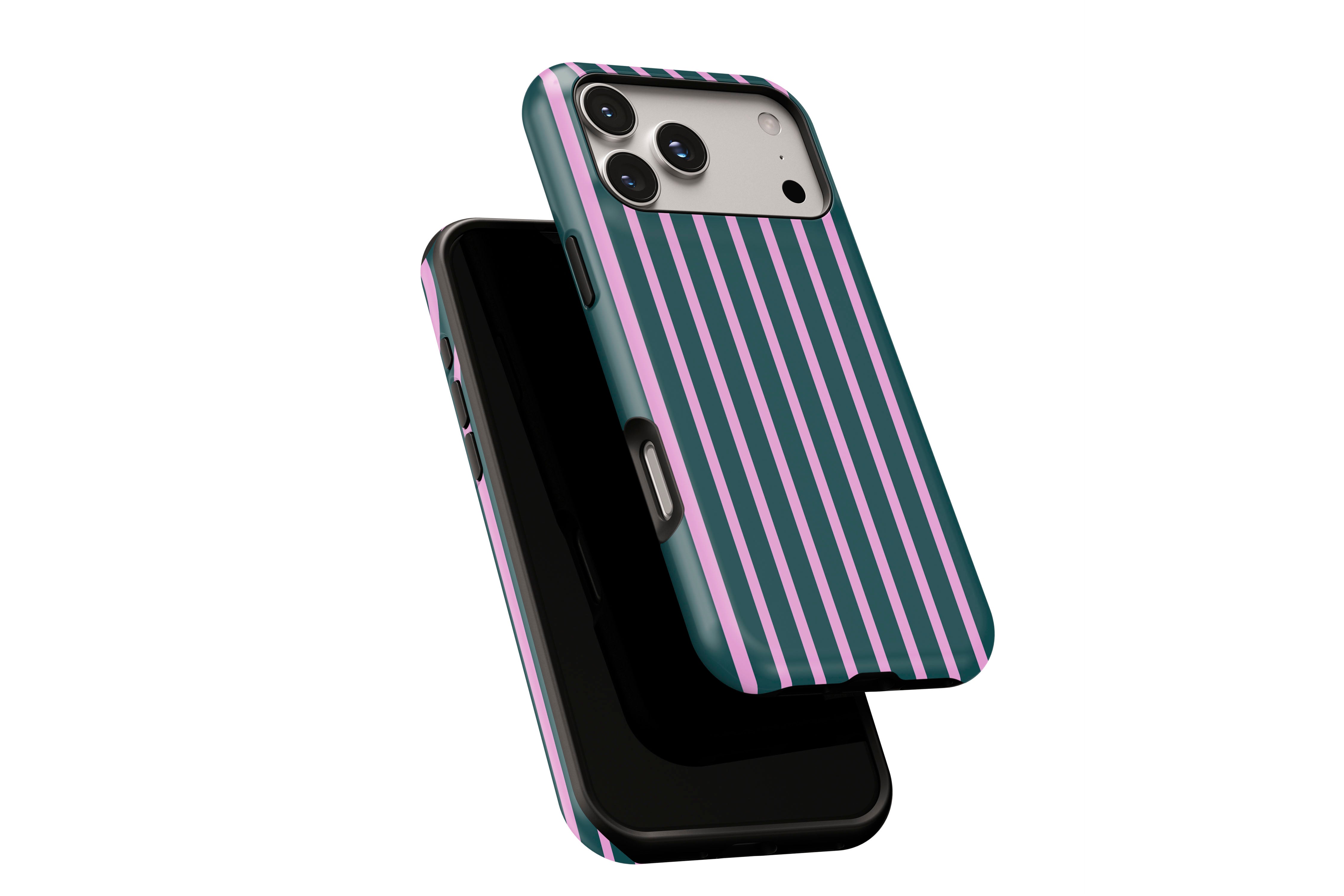 Side view of Stripes (Ivy) phone case showing button cut-outs