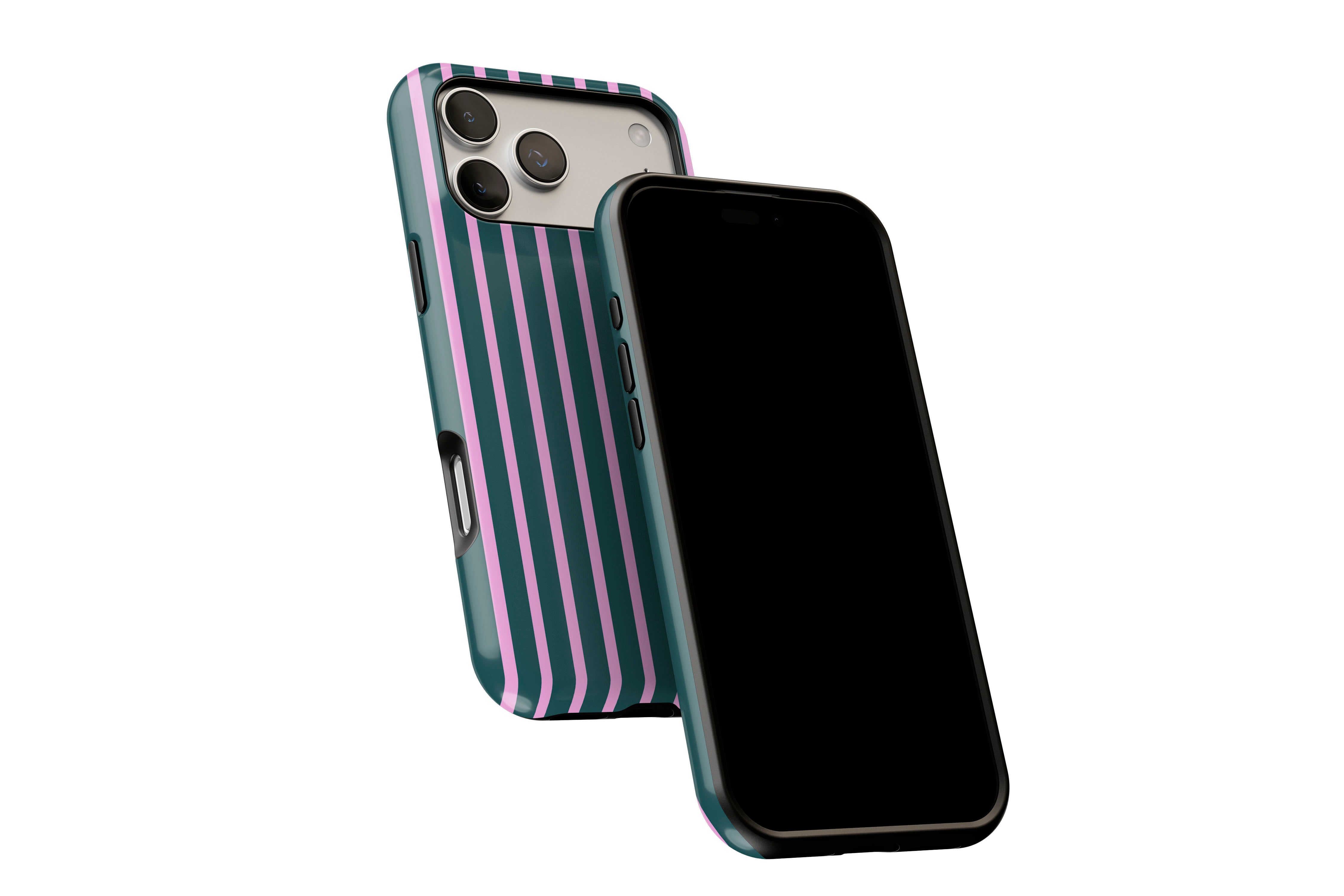 Side view of Stripes (Ivy) phone case showing button cut-outs