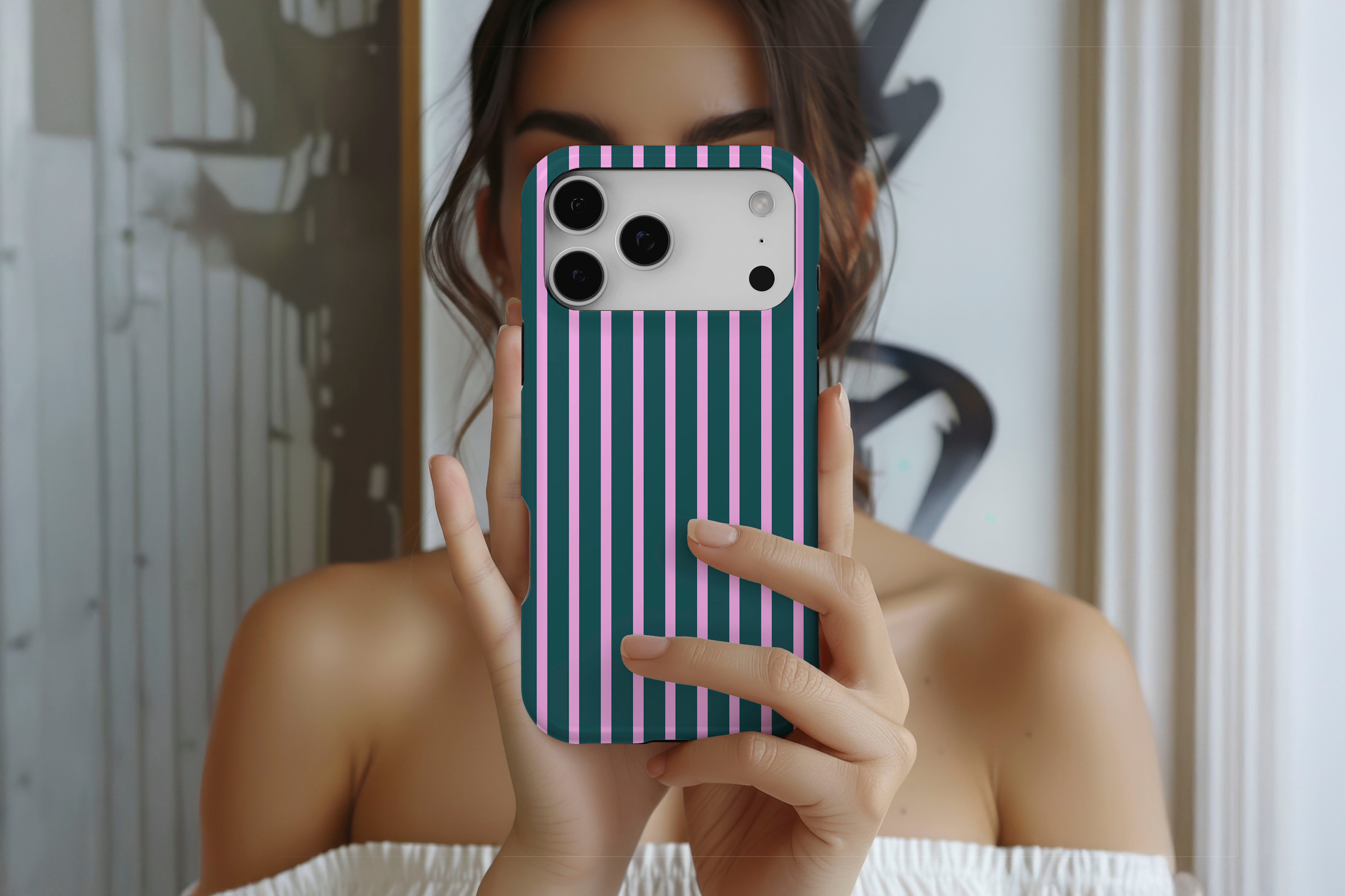 Lifestyle image of Stripes (Ivy) magnetic tough case showing stripe print design