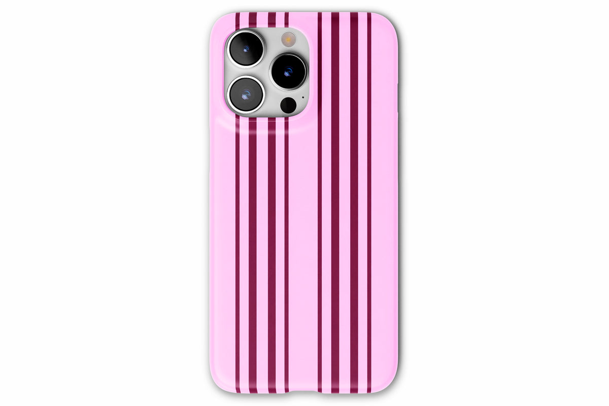 Front view of Sunday Club phone case showing pink and burgundy vertical stripe print